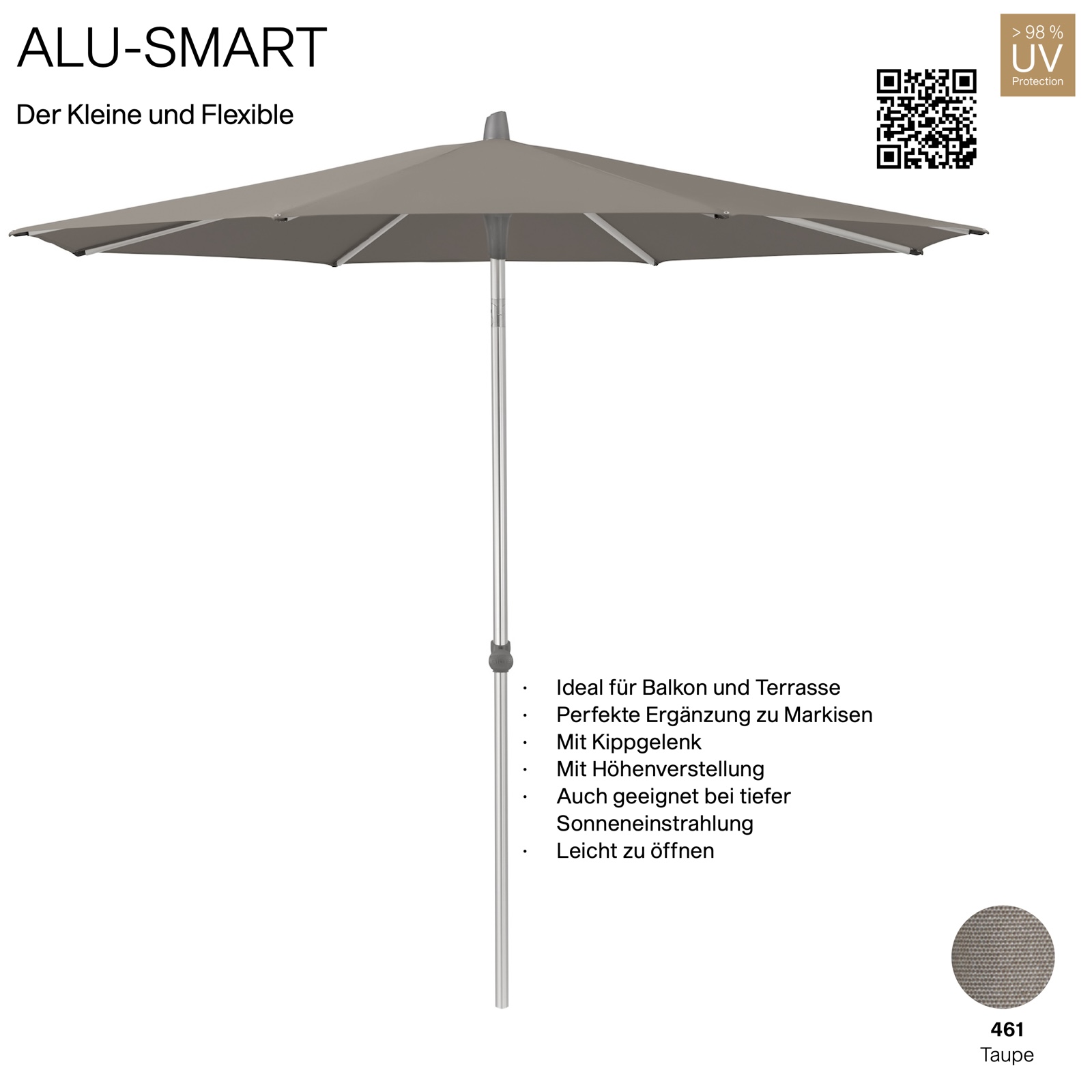 GLATZ Sonnenschirm ALU-SMART rund ø 250 cm Gestell natureloxiert Farbe 461 Taupe Mittelstock