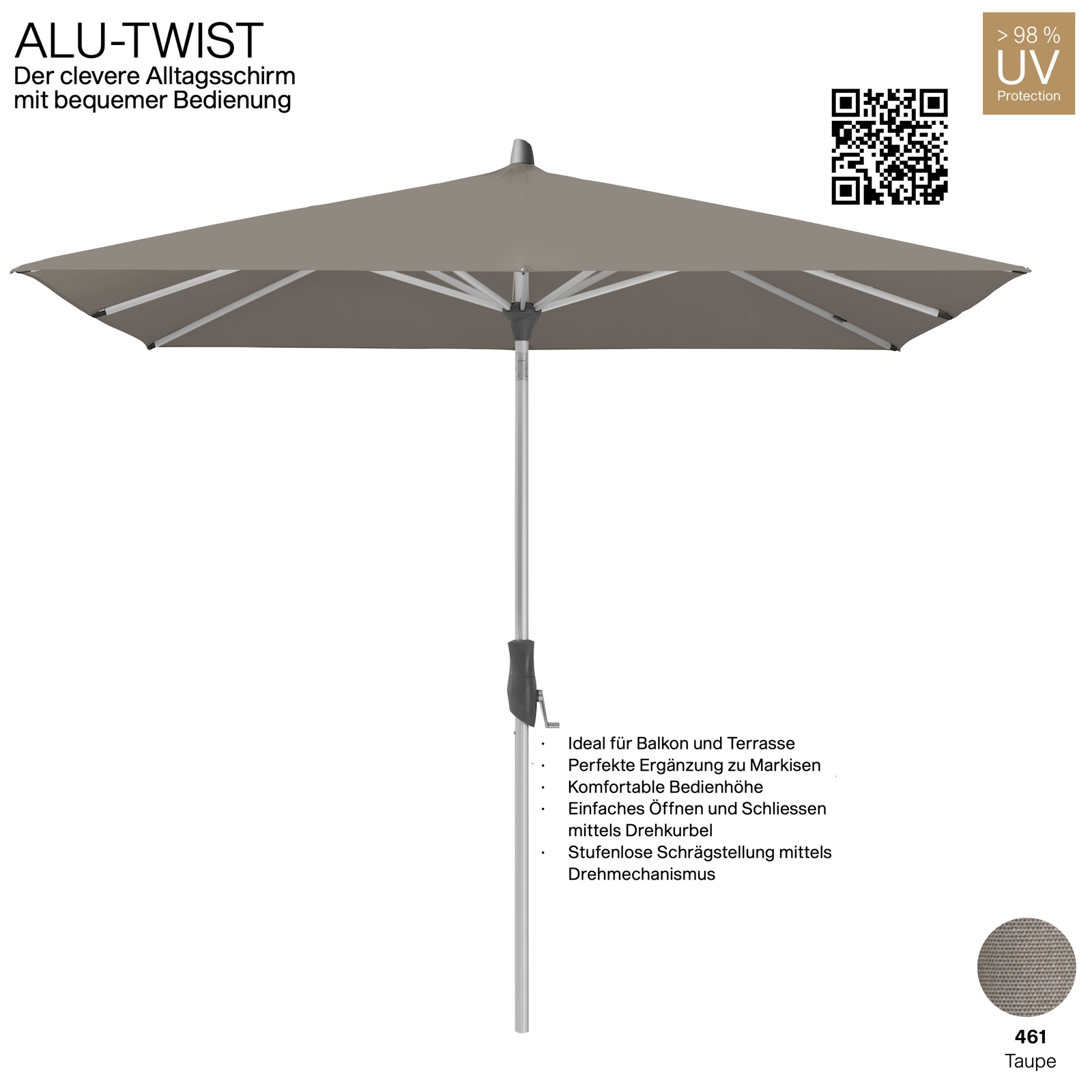 GLATZ Sonnenschirm ALU-TWIST quadratisch 240 x 240 cm Stoffqualität 4 Farbe 461 Taupe Mittelstock