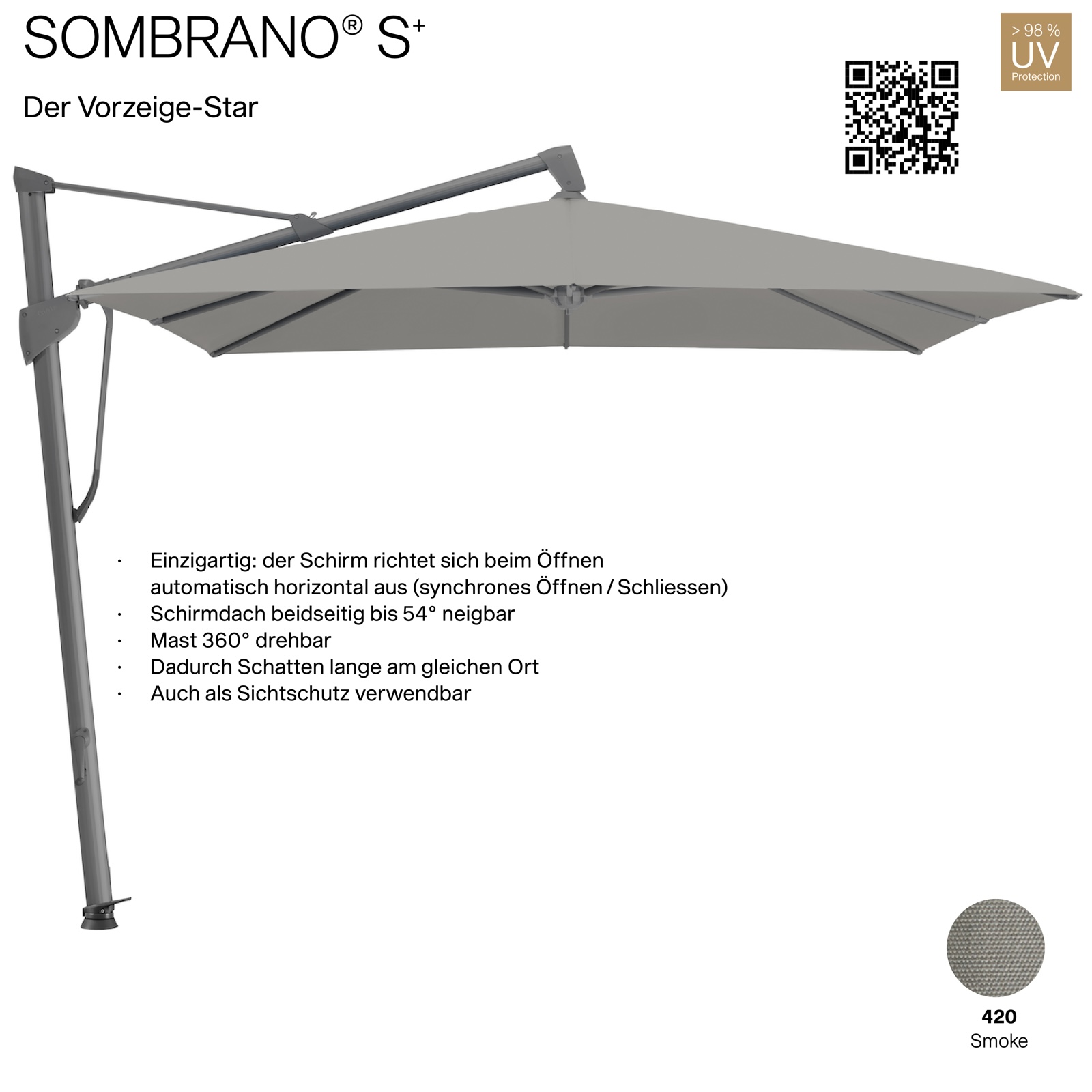 GLATZ Ampelschirm SOMBRANO® S+ quadratisch 350 x 350 cm Freiarmschirm Farbe 420 Smoke