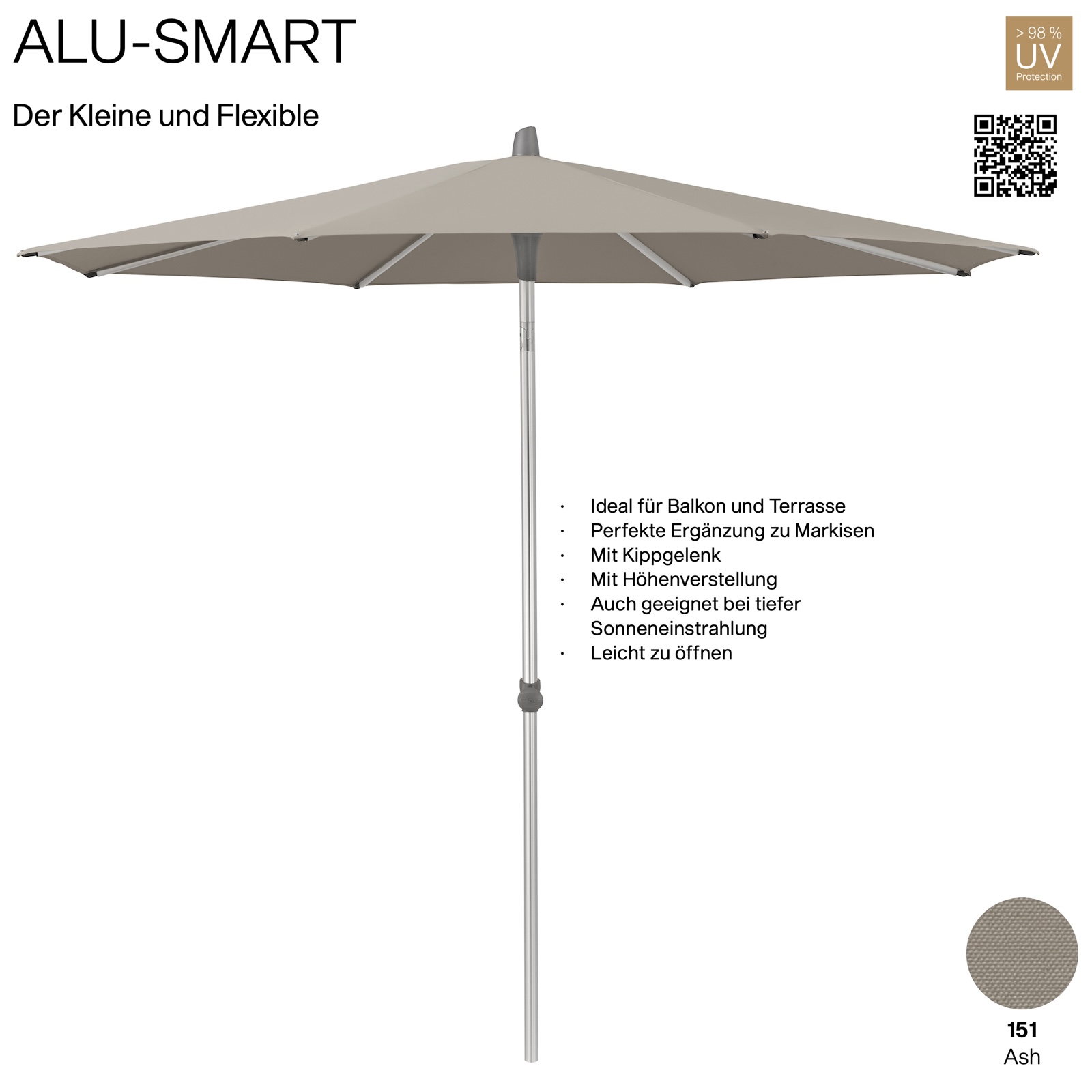 GLATZ Sonnenschirm ALU-SMART rund ø 200 cm Gestell natureloxiert Farbe 151 Ash Mittelstock