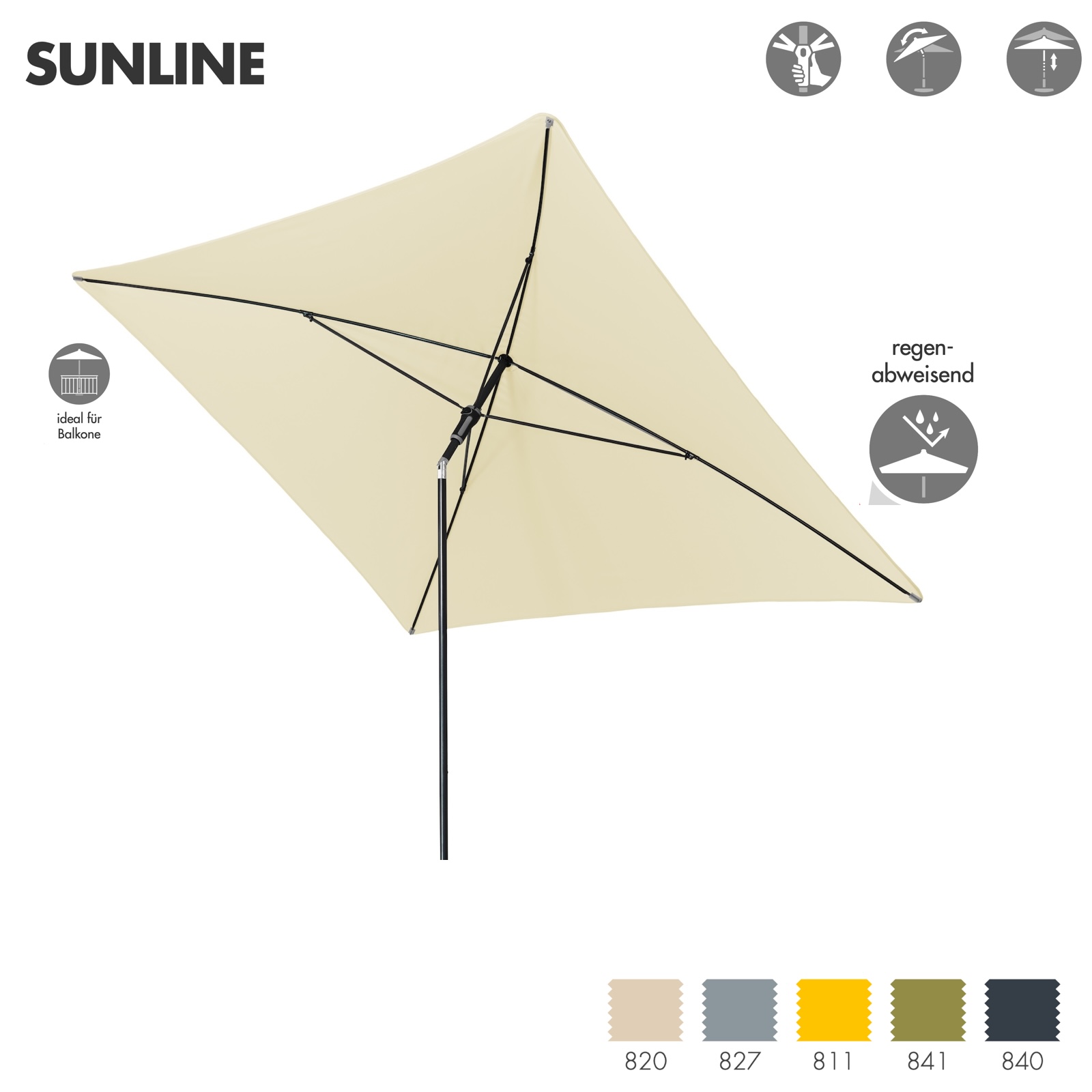 Doppler Sunline Manual Neo Waterproof 230 x 190 cm eckig Sonnenschirm in 5 Farben Mittelmastschirm Balkonschirm