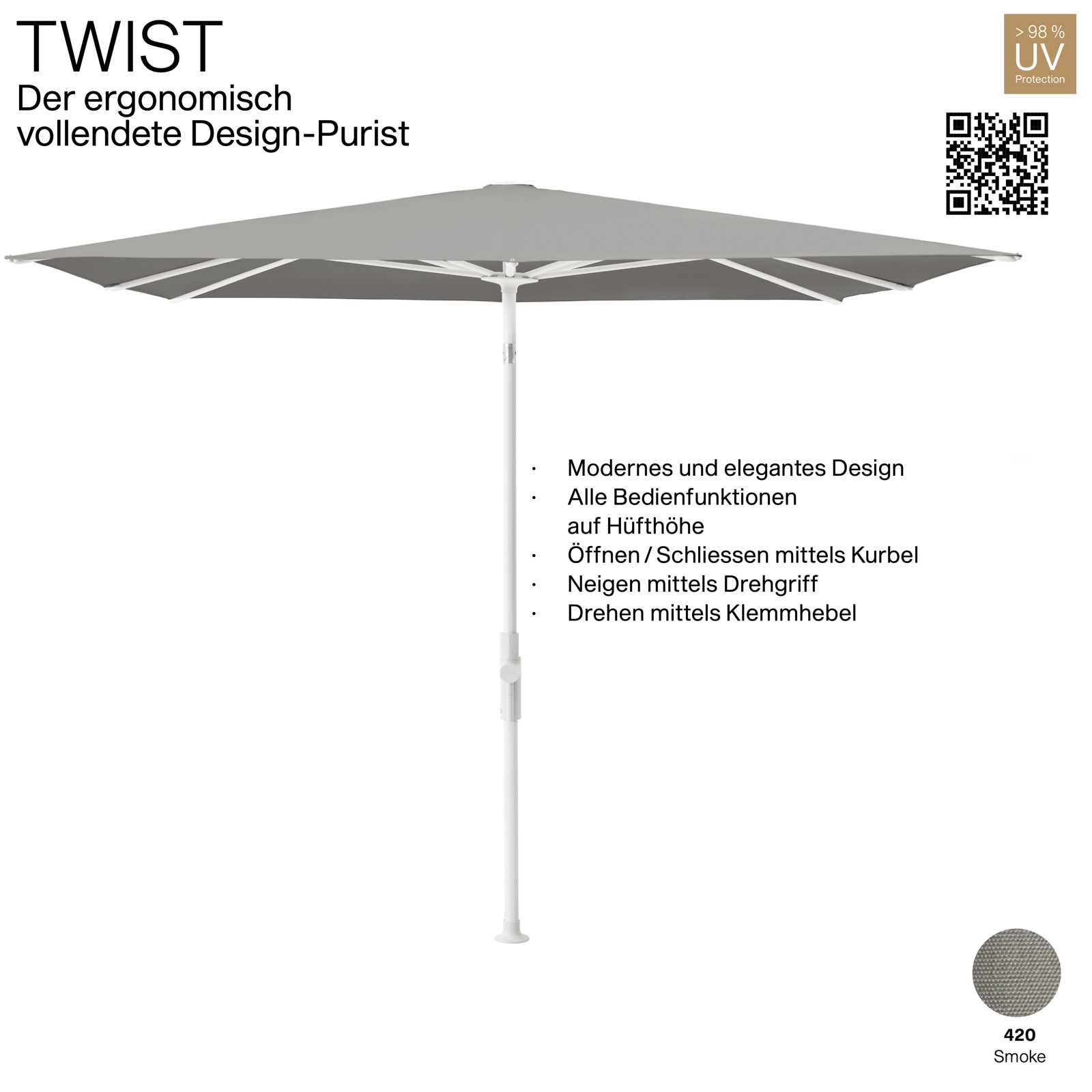 GLATZ Sonnenschirm TWIST 210 x 150 cm Gestell matt weiss Stoff Farbe 420 Smoke Mittelmastschirm