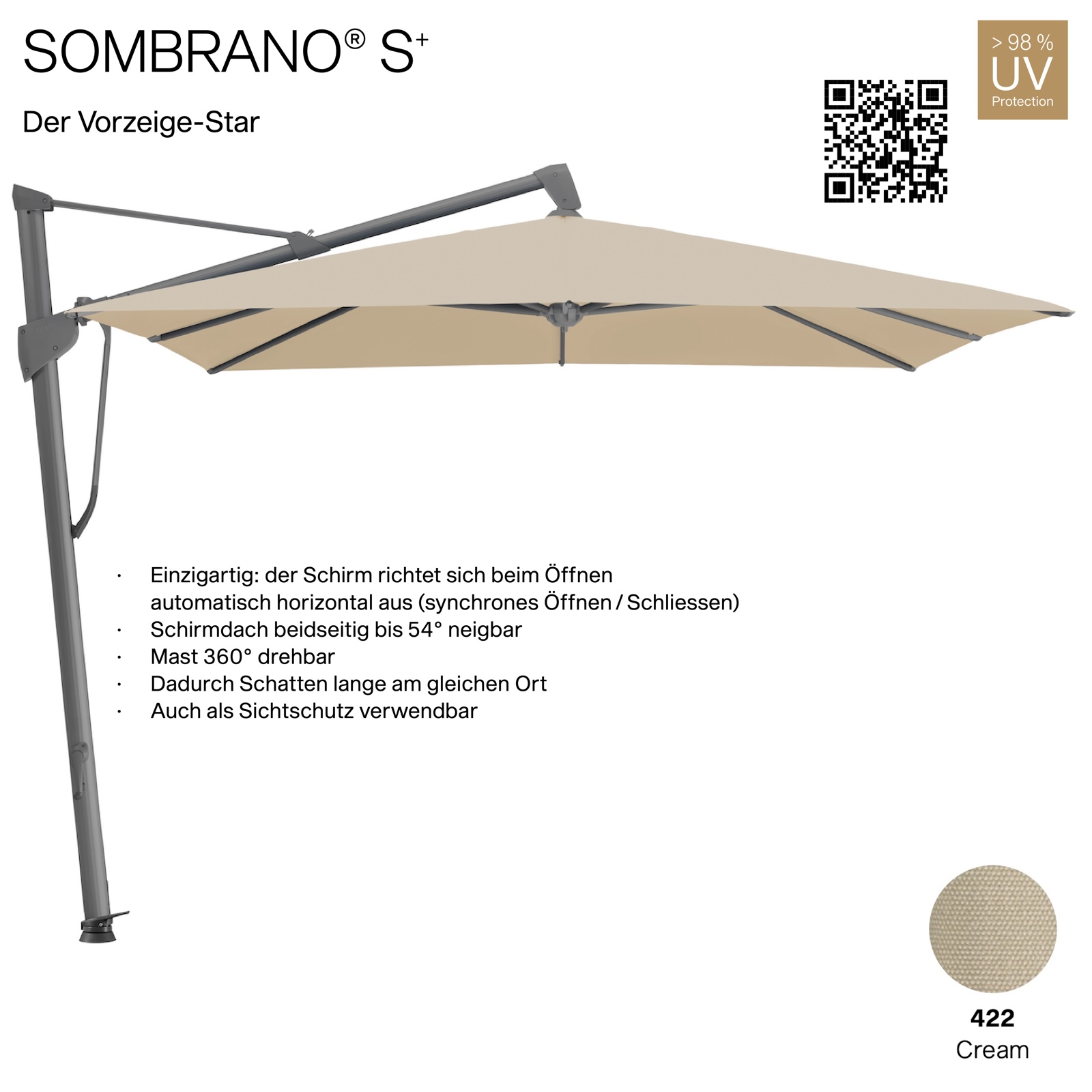 GLATZ Ampelschirm SOMBRANO® S+ quadratisch 350 x 350 cm Freiarmschirm Farbe 422 Cream