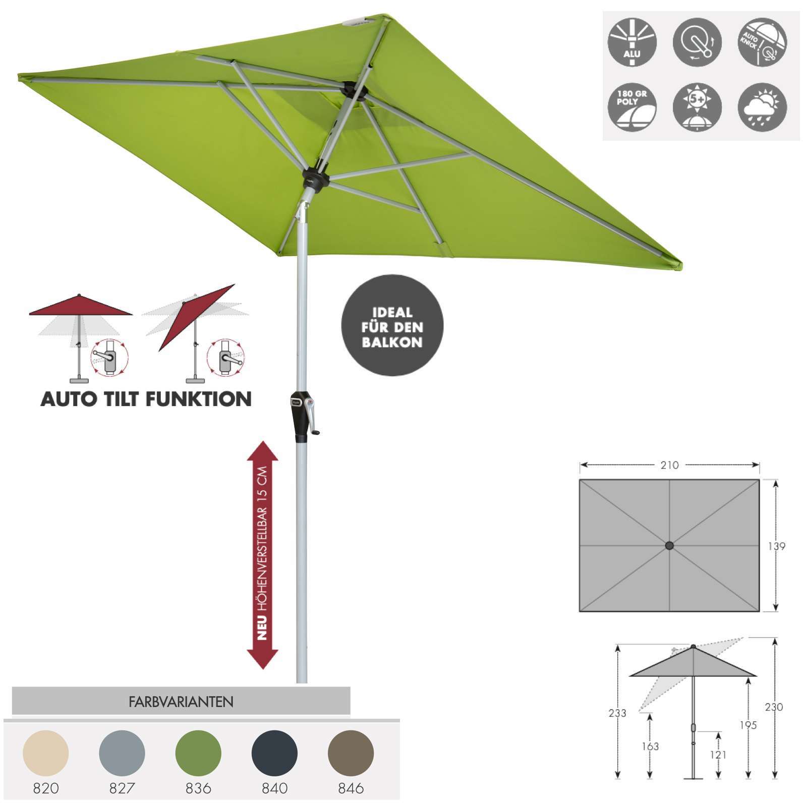 Doppler Active Auto Tilt 210 x 140 cm Sonnenschirm 5 Farben Balkonschirm Mittelmast 457460 Doppler Active Auto Tilt 210 x 140 cm Sonnenschirm 5 Farben Balkonschirm Mittelmast 457460
