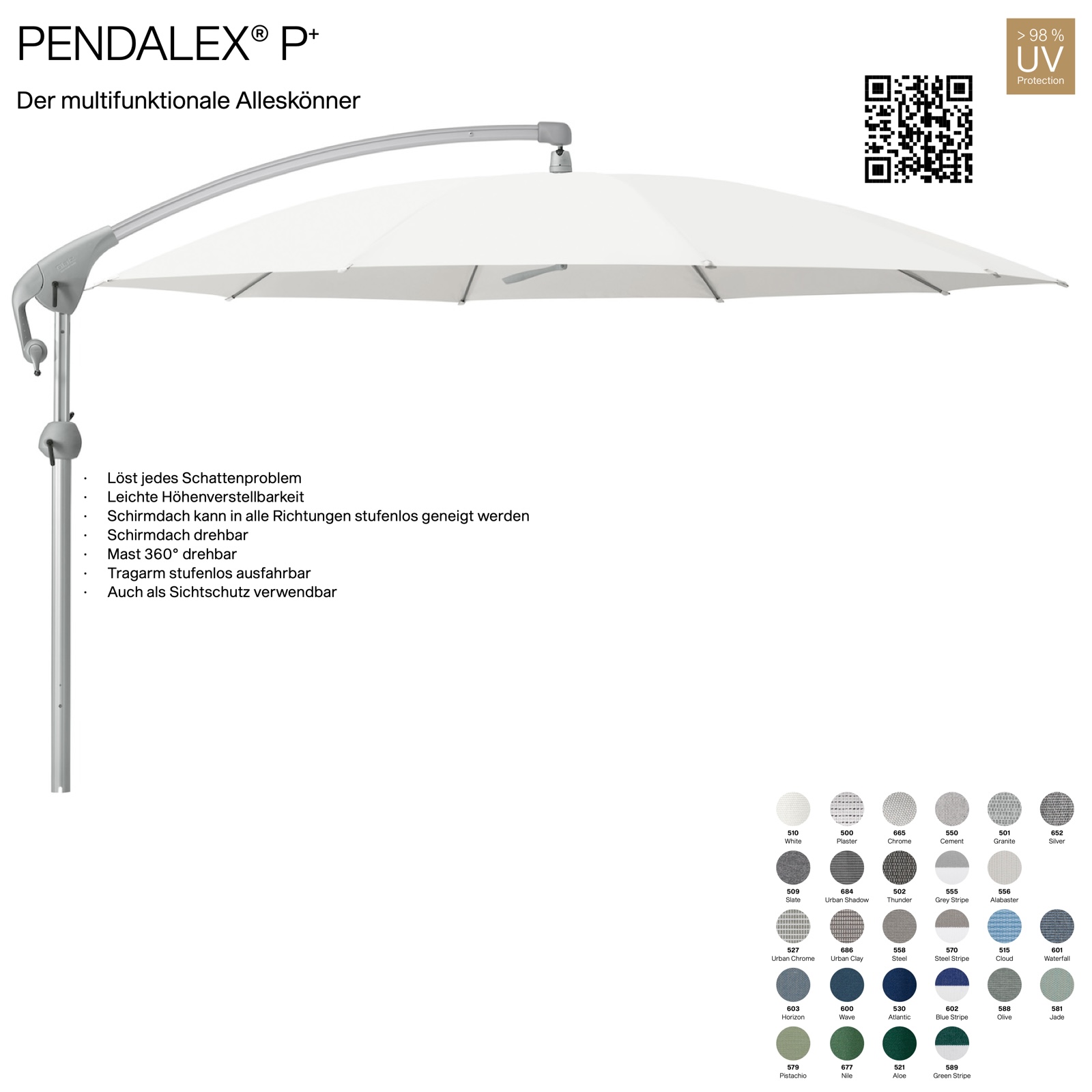 GLATZ Sonnenschirm PENDALEX® P+ rund ø 350 cm Stoffklasse 5 in 27 Farben wählbar Seitenmast