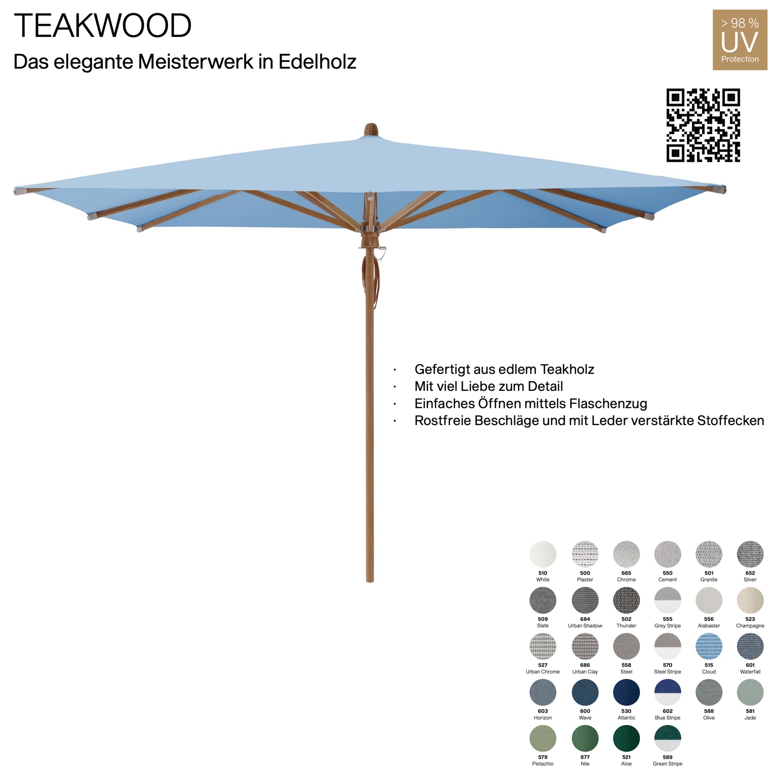 GLATZ Sonnenschirm TEAKWOOD eckig 330 x 330 cm Mittelmastschirm 28 Farbvarianten