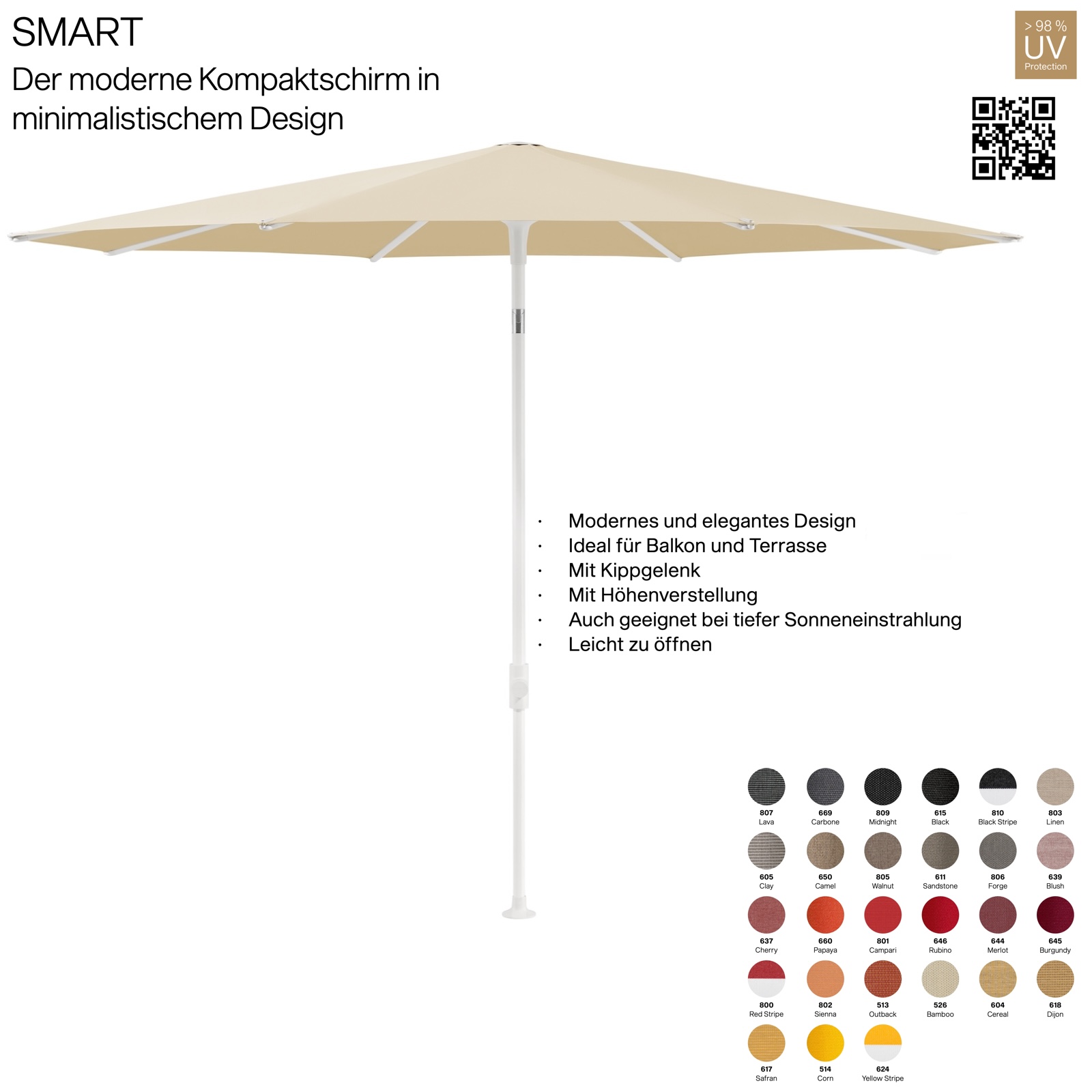 GLATZ Sonnenschirm SMART ø 200 cm Gestell matt weiss Stoff 100 % Polyacryl verschiedene Farben