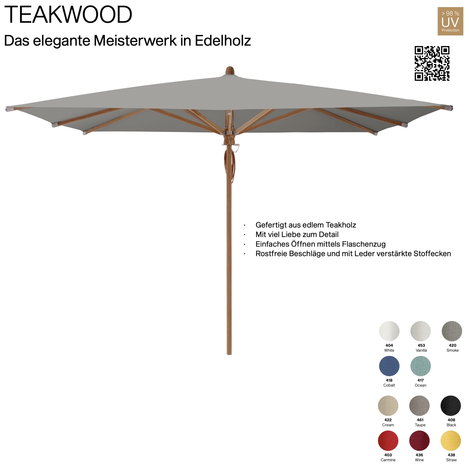 GLATZ Sonnenschirm TEAKWOOD eckig 330 x 330 cm Mittelmastschirm 11 Farbvarianten