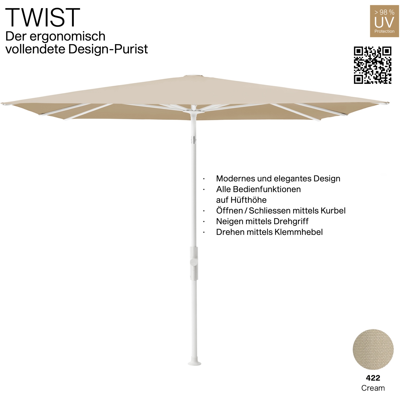 GLATZ Sonnenschirm TWIST 240 x 240 cm Gestell matt weiss Stoff Farbe 422 Smoke Mittelmastschirm