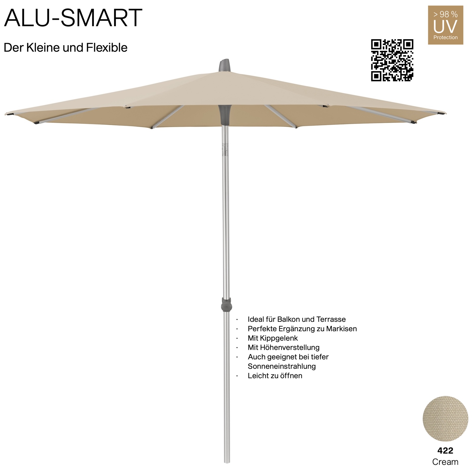 GLATZ Sonnenschirm ALU-SMART rund ø 300 cm Gestell natureloxiert Farbe 422 Cream Mittelstock
