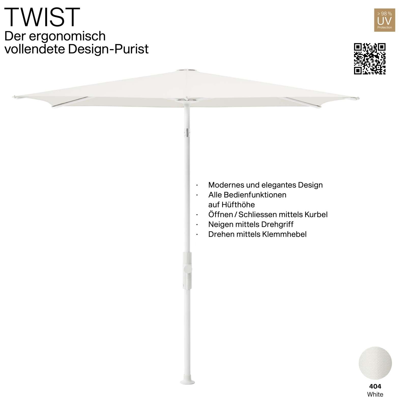 GLATZ Sonnenschirm TWIST 250 x 200 cm Gestell matt weiss Stoff Farbe 404 White Mittelmastschirm