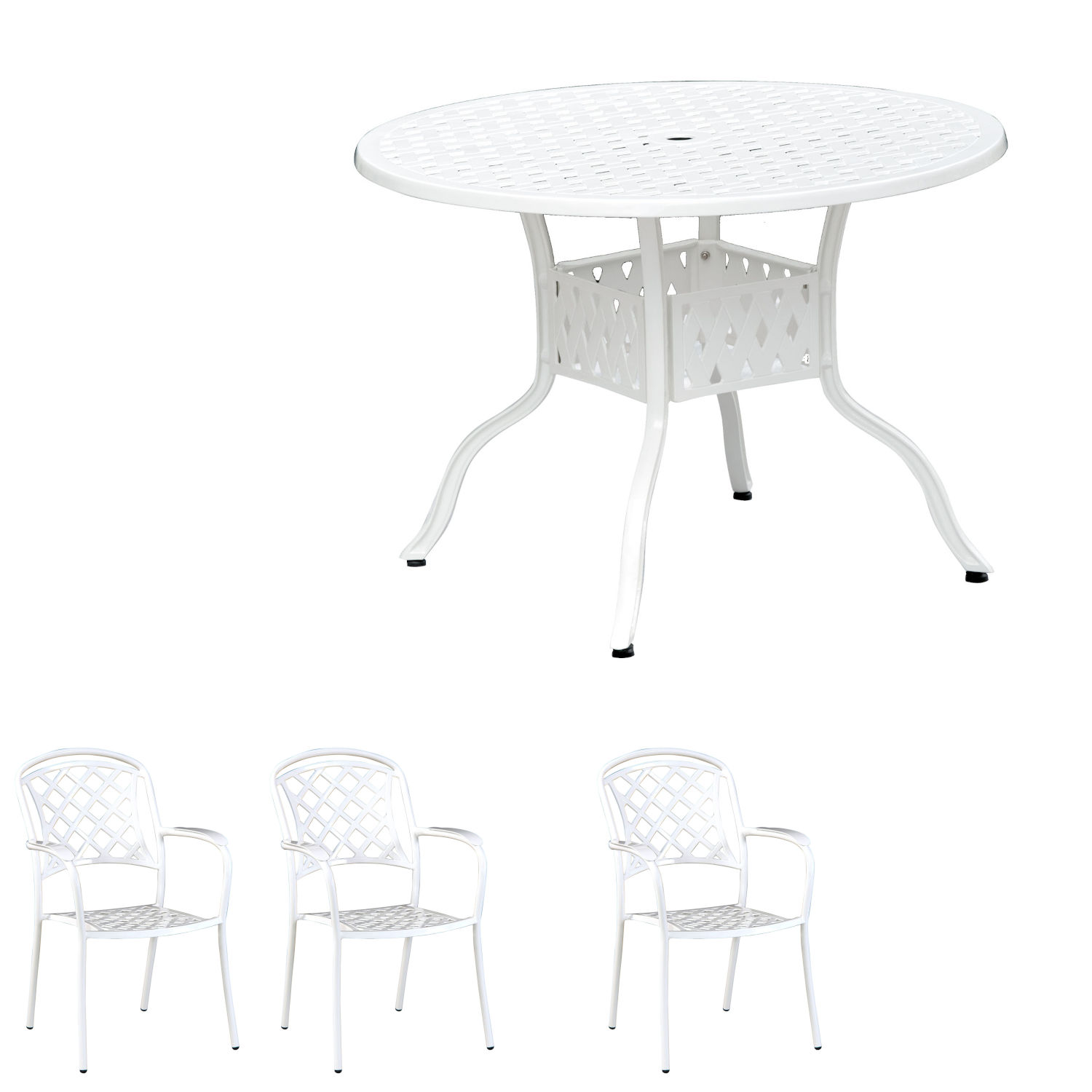 Inko 4-teilige Sitzgruppe Aluminium Guss weiß Tisch Ø 106 cm mit 3 Sesseln Inko 4-teilige Sitzgruppe Aluminium Guss weiß Tisch Ø 106 cm mit 3 Sesseln
