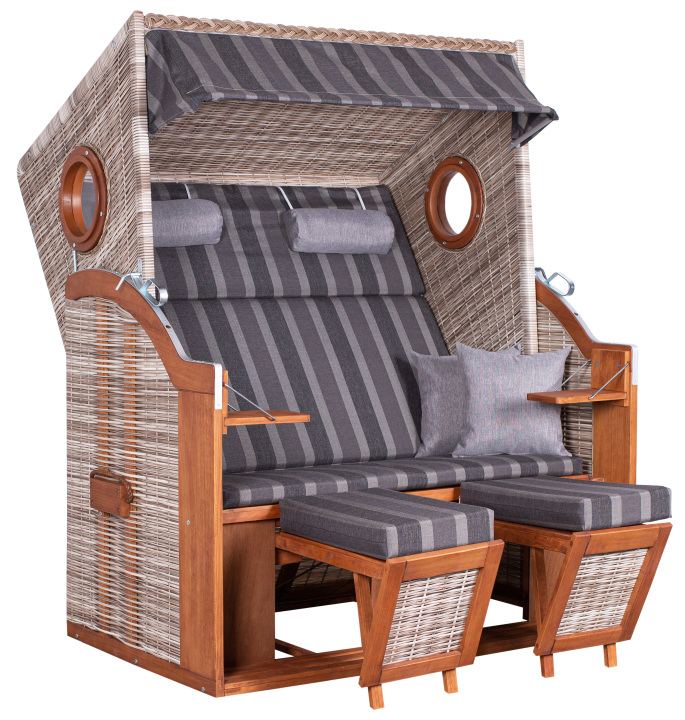 deVries PURE WAVE XL PE Strandkorb seashell Des. 402 mit Holz-Bullaugen 140x80x160