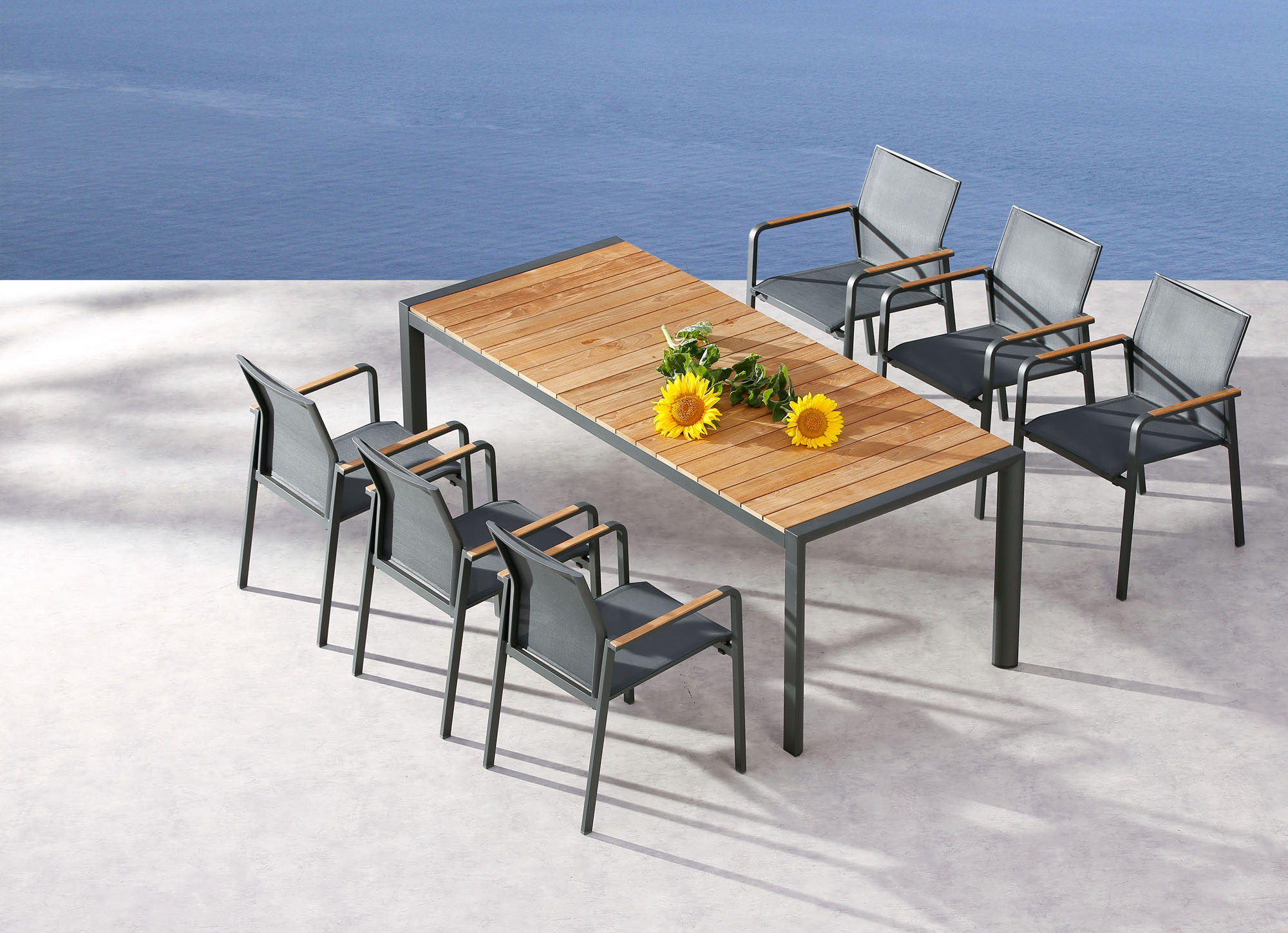 Best Freizeitmöbel Sitzgruppe Paros 7-teilig Tisch + 6 Stapelsessel 210 x 90 cm anthrazit/Teak Best Freizeitmöbel Sitzgruppe Paros 7-teilig Tisch + 6 Stapelsessel 210 x 90 cm anthrazit/Teak