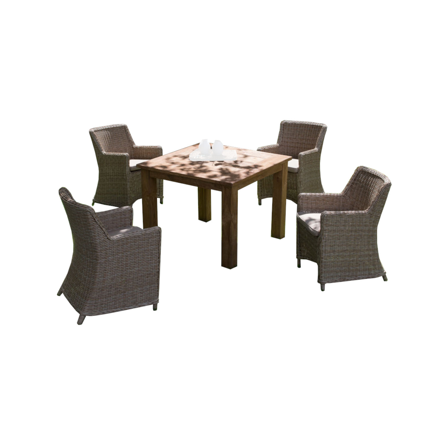 Inko 5-teilige Sitzgruppe Mino und Abacus Rattanoptik natur/Teakholz Tisch 100x100 cm Inko 5-teilige Sitzgruppe Mino und Abacus Rattanoptik natur/Teakholz Tisch 100x100 cm