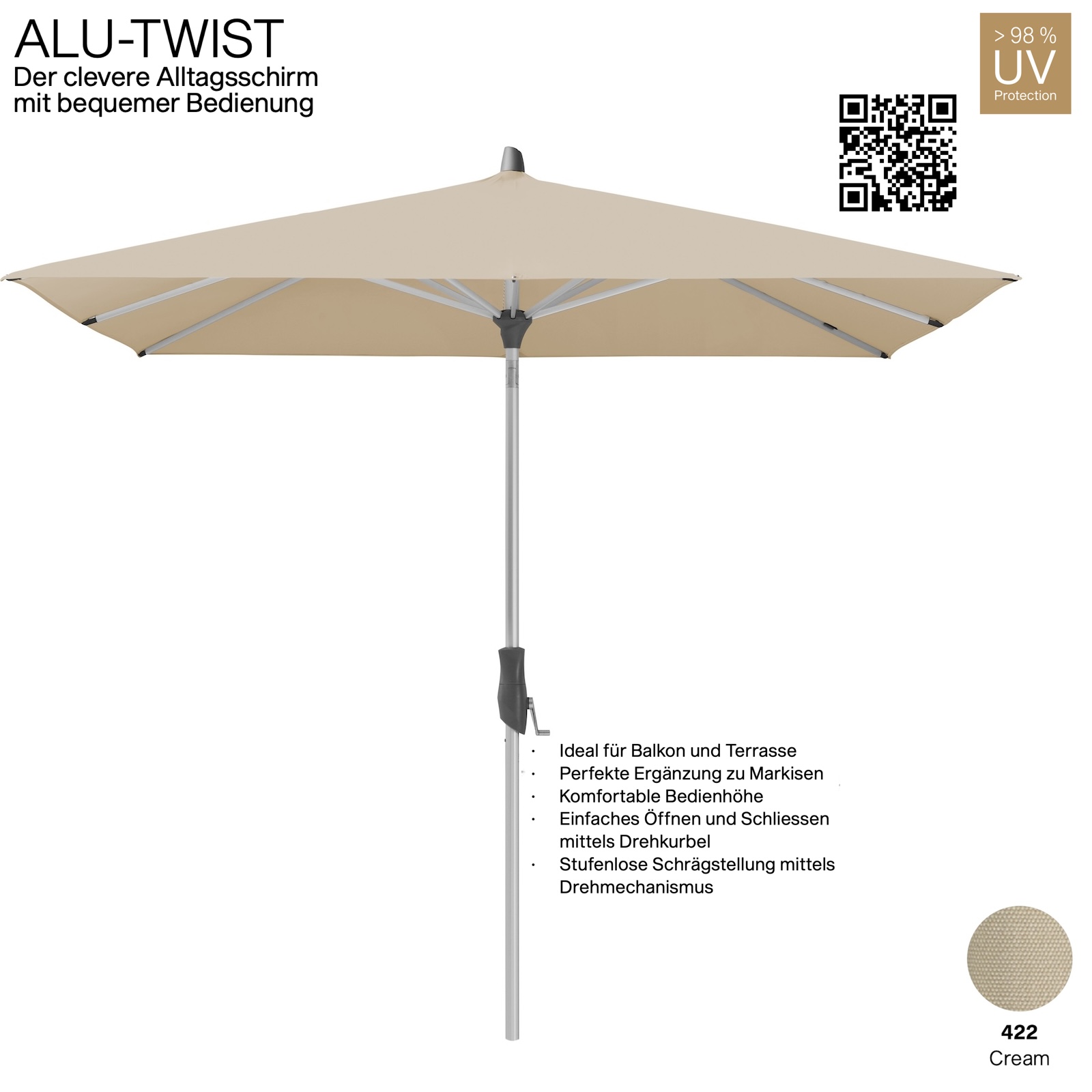 GLATZ Sonnenschirm ALU-TWIST quadratisch 240 x 240 cm Stoffqualität 4 Farbe 422 Cream Mittelstock