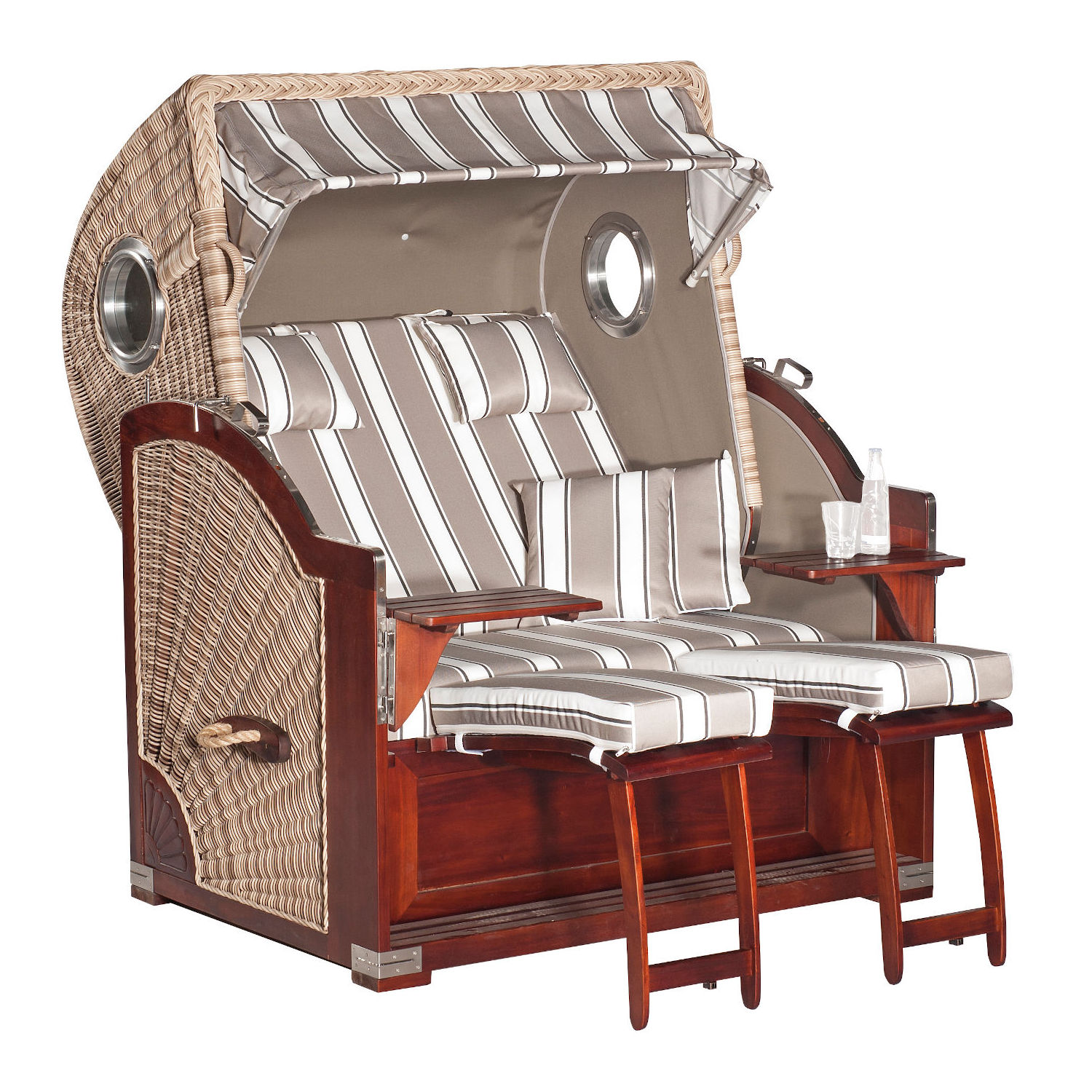 SunnySmart Garten-Strandkorb Rustikal 500 PLUS COMFORT 3/4-Liegemodell 2-Sitzer XL antikweiß/taupe/silber