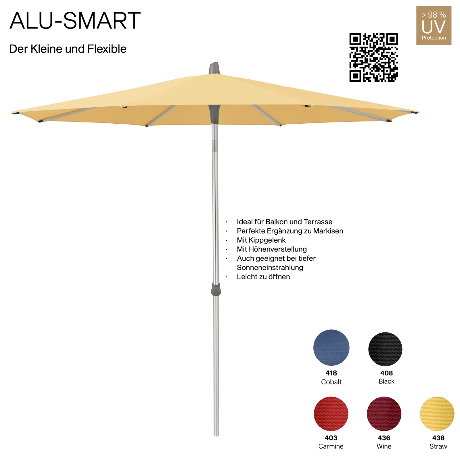 GLATZ Sonnenschirm ALU-SMART rund ø 250 cm Gestell natureloxiert Mittelmast in 5 Farben