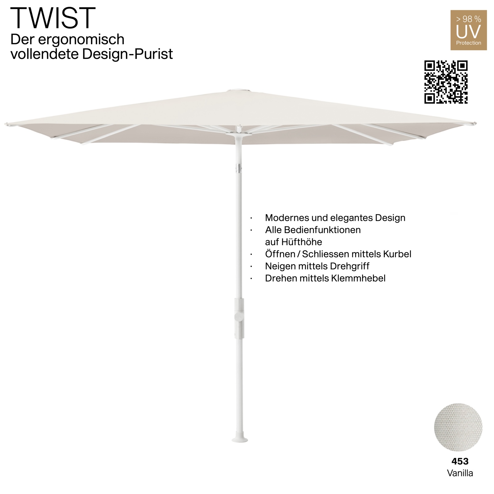 GLATZ Sonnenschirm TWIST 210 x 150 cm Gestell matt weiss Stoff Farbe 453 Vanilla Mittelmastschirm