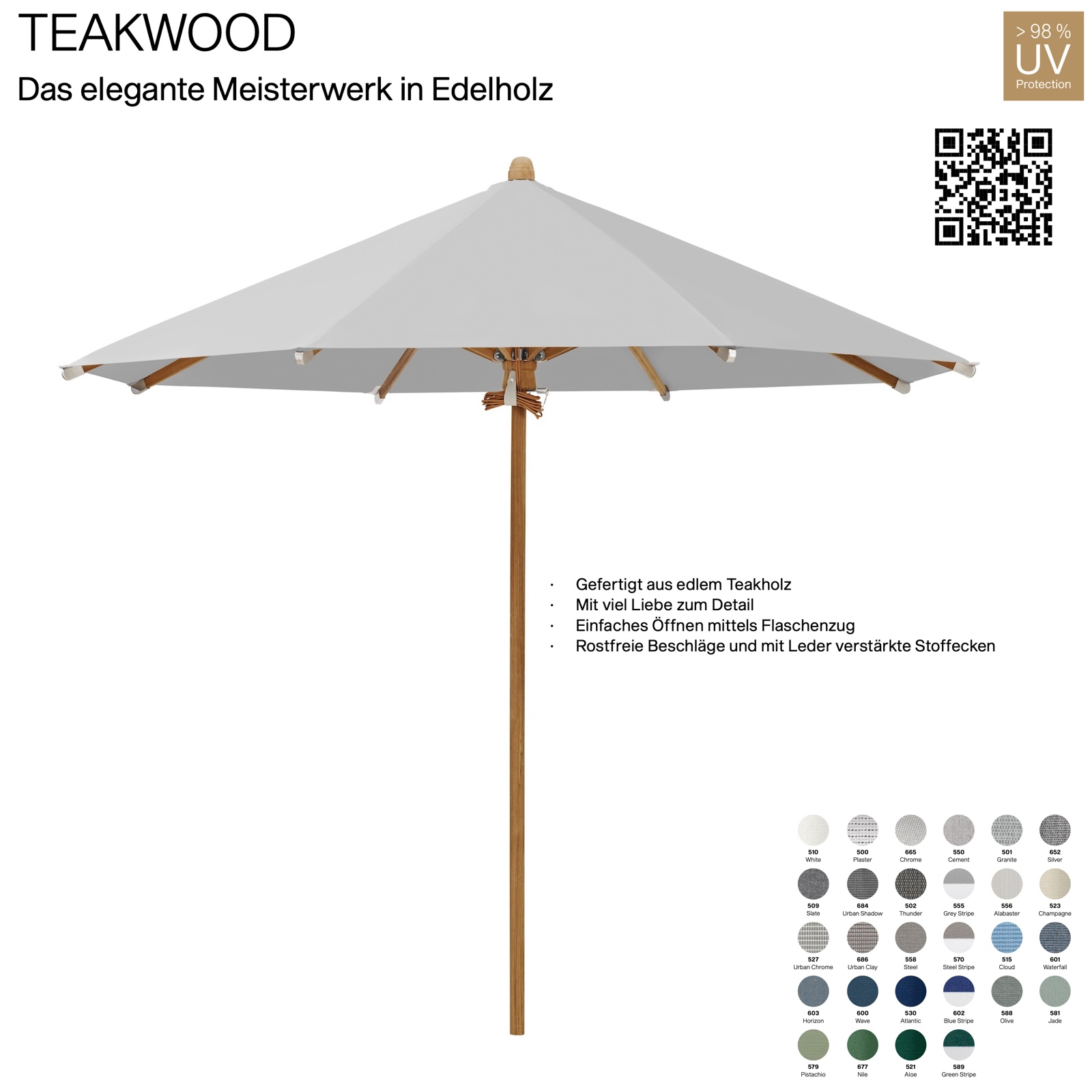 GLATZ Sonnenschirm TEAKWOOD rund 300 cm Mittelmastschirm 28 Farbvarianten