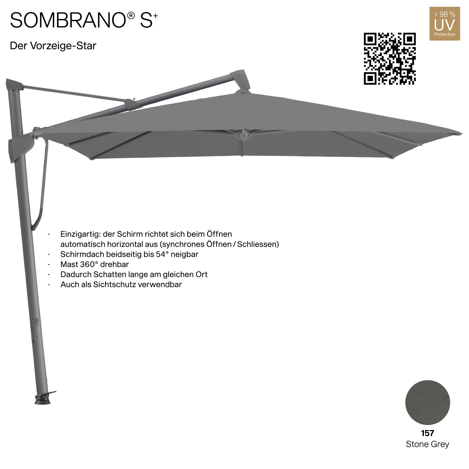 GLATZ Ampelschirm SOMBRANO® S+ quadratisch 350 x 350 cm Freiarmschirm Farbe 157 Stone Grey