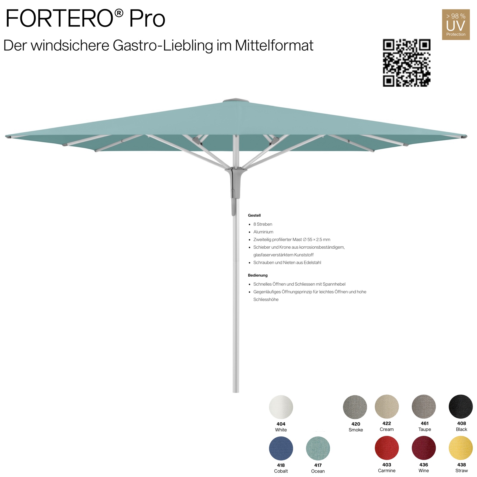 GLATZ Sonnenschirm FORTERO® Pro rechteckig 300 x 200 cm Mittelmastschirm in 10 Farbvarianten