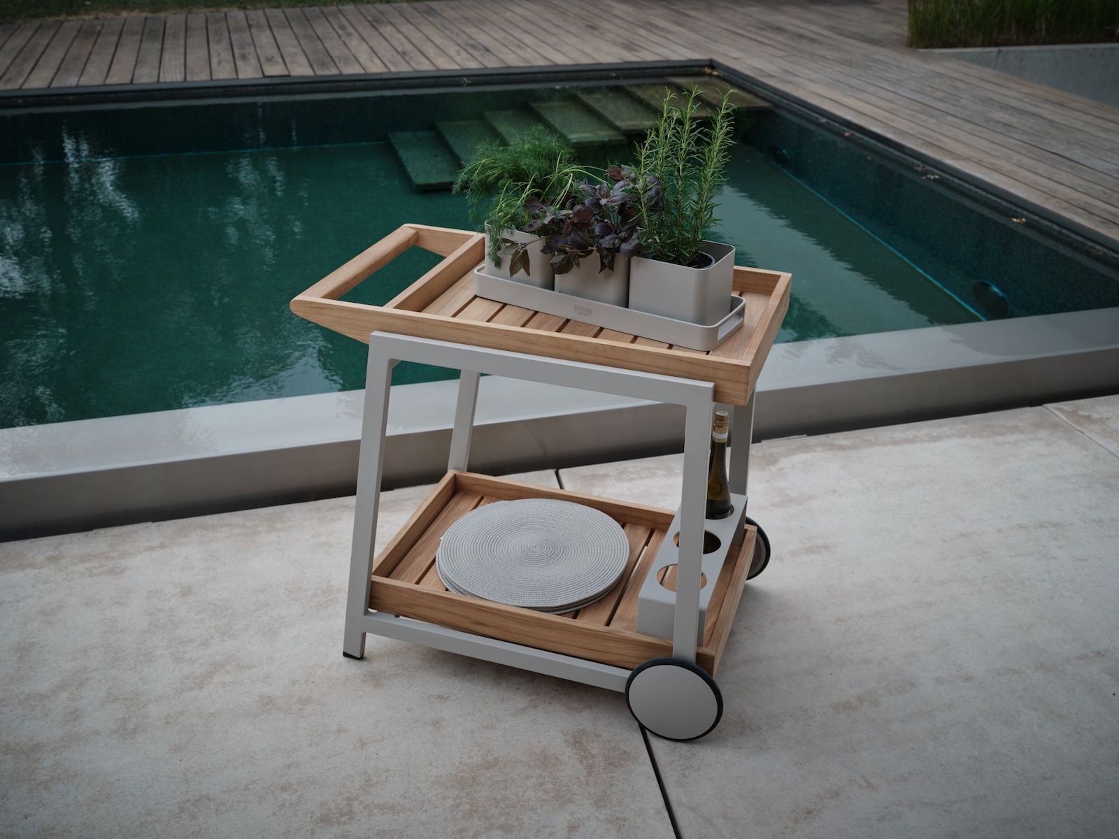 Stern Frido Servierwagen Serviertablett 86x58x77 cm Aluminium Teakholz greige