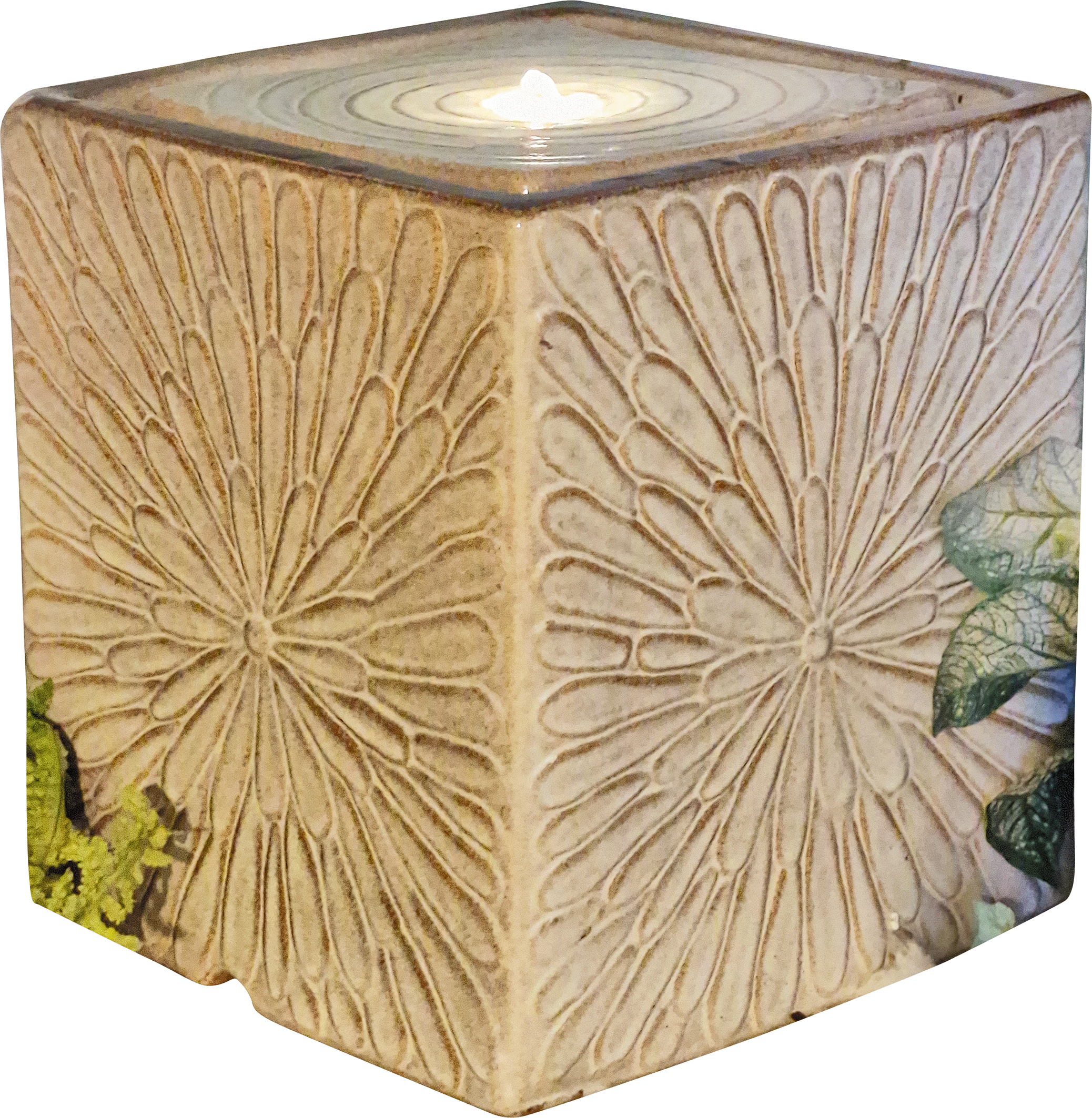 Granimex Jaredo beige Keramik-Wasserwürfel mit Pumpe LED-Beleuchtung Brunnen 36x36x38 cm