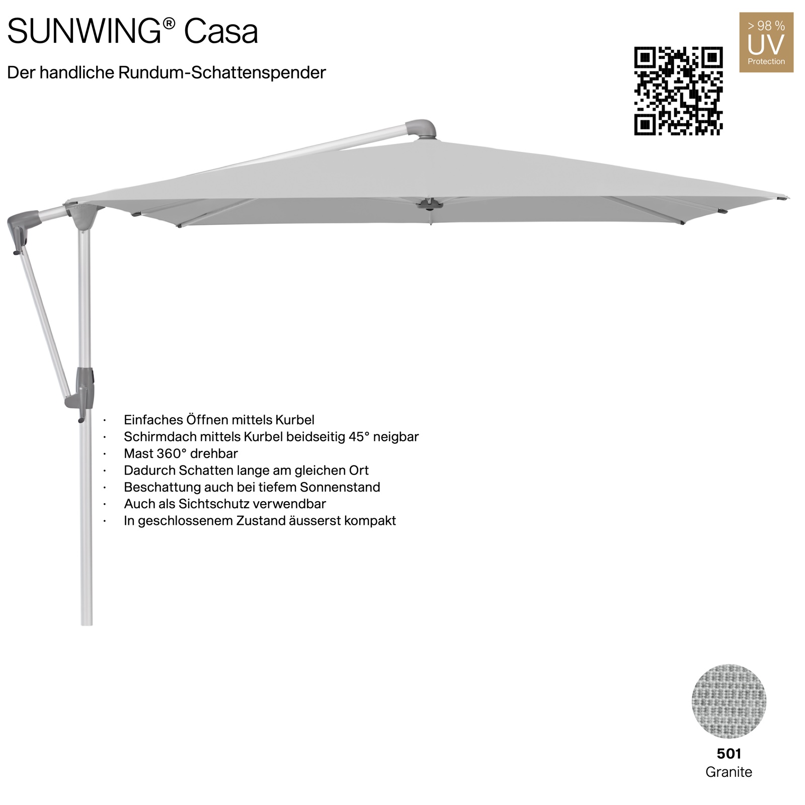 GLATZ Sonnenschirm SUNWING® CASA quadratisch 270 x 270 cm Gestell natureloxiert Farbe 501 Granite Ampelschirm