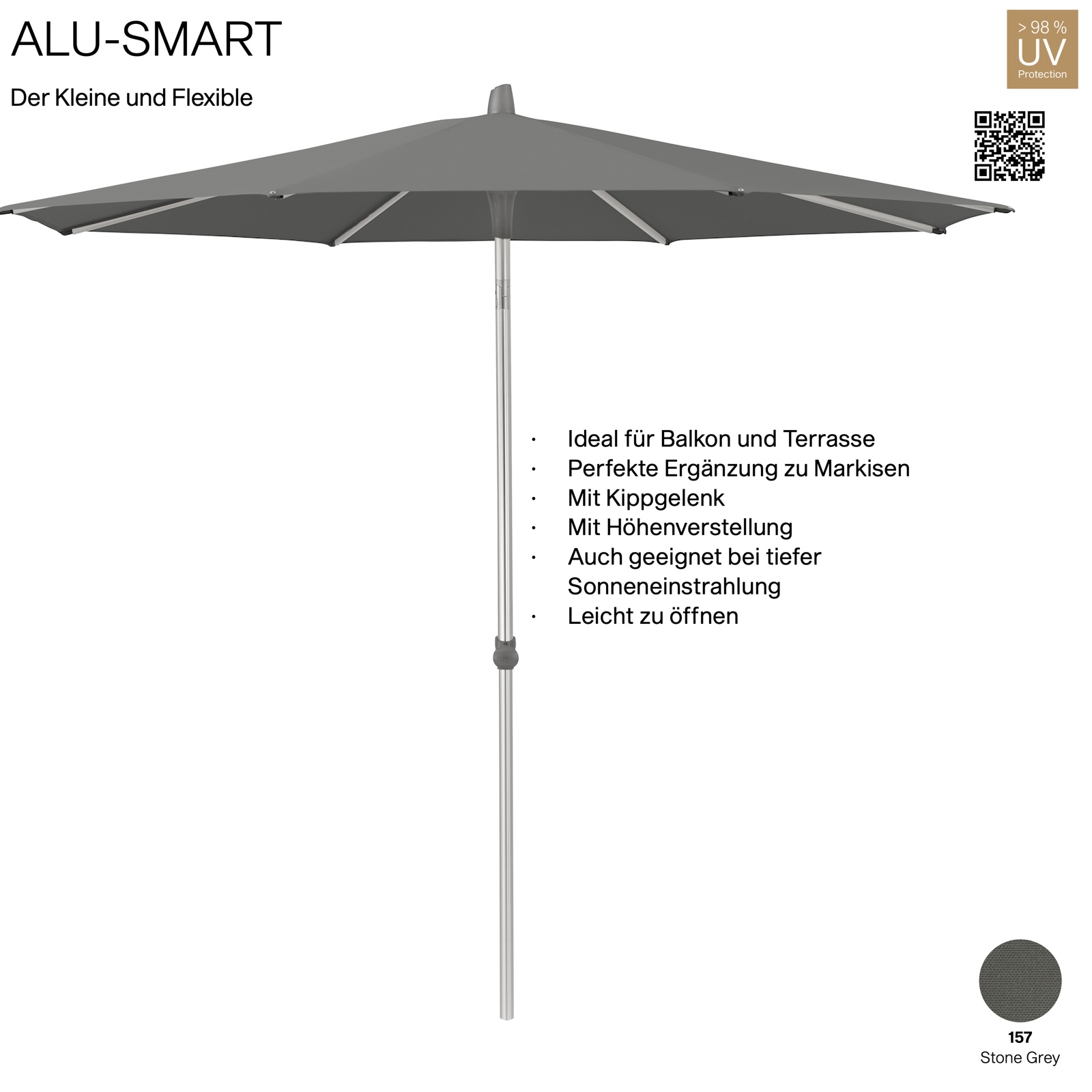 GLATZ Sonnenschirm ALU-SMART rund ø 250 cm Gestell natureloxiert Farbe 157 Stone Grey Mittelstock