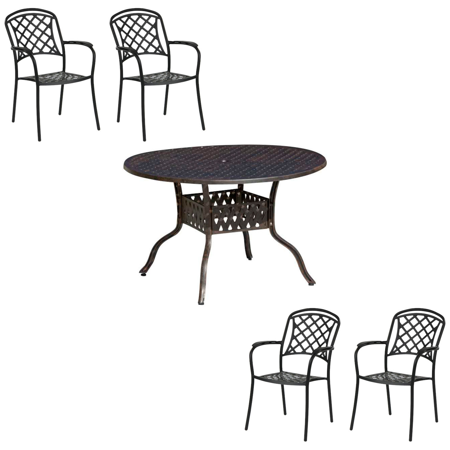 Inko 5-teilige Sitzgruppe Aluminium Guss bronze Tisch Ø 120 cm mit 4 Sesseln Inko 5-teilige Sitzgruppe Aluminium Guss bronze Tisch Ø 120 cm mit 4 Sesseln