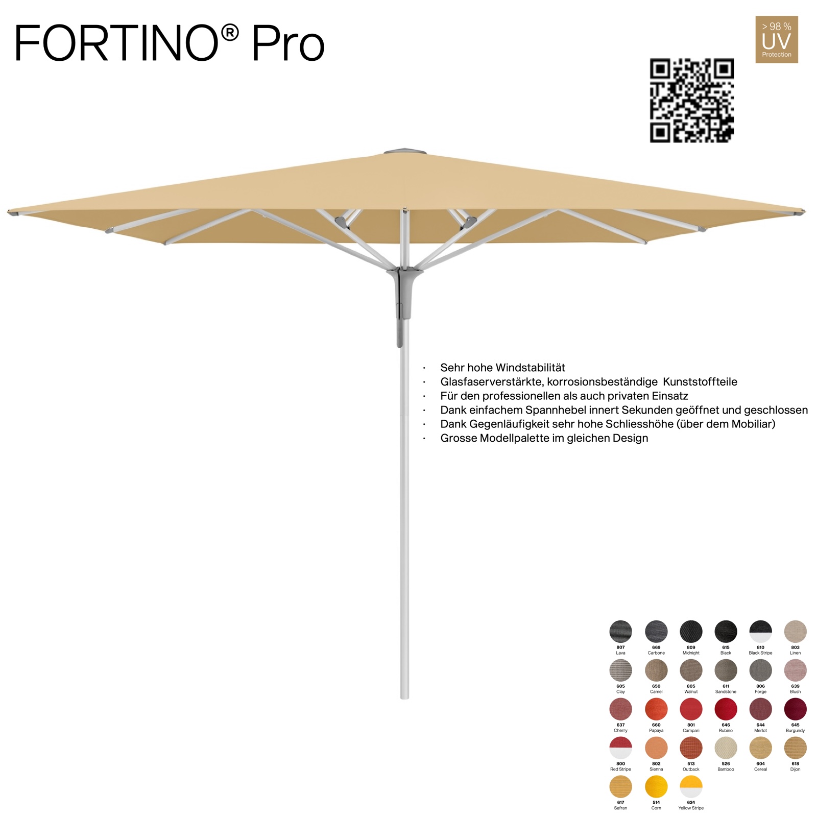 GLATZ Sonnenschirm FORTINO® Pro quadratisch 250 x 250 cm 100 % Polyacryl in 27 Farbvarianten