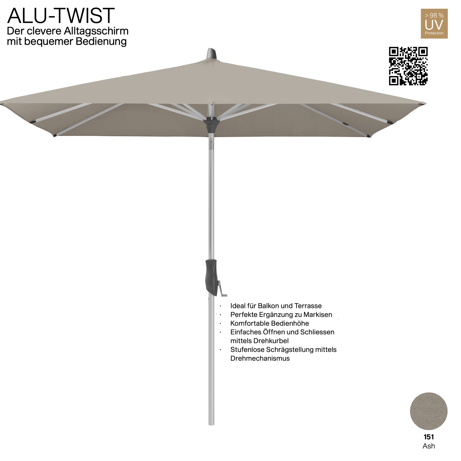 GLATZ Sonnenschirm ALU-TWIST rechteckig 210 x 150 cm Farbe 151 Ash Mittelstock Auslaufartikel
