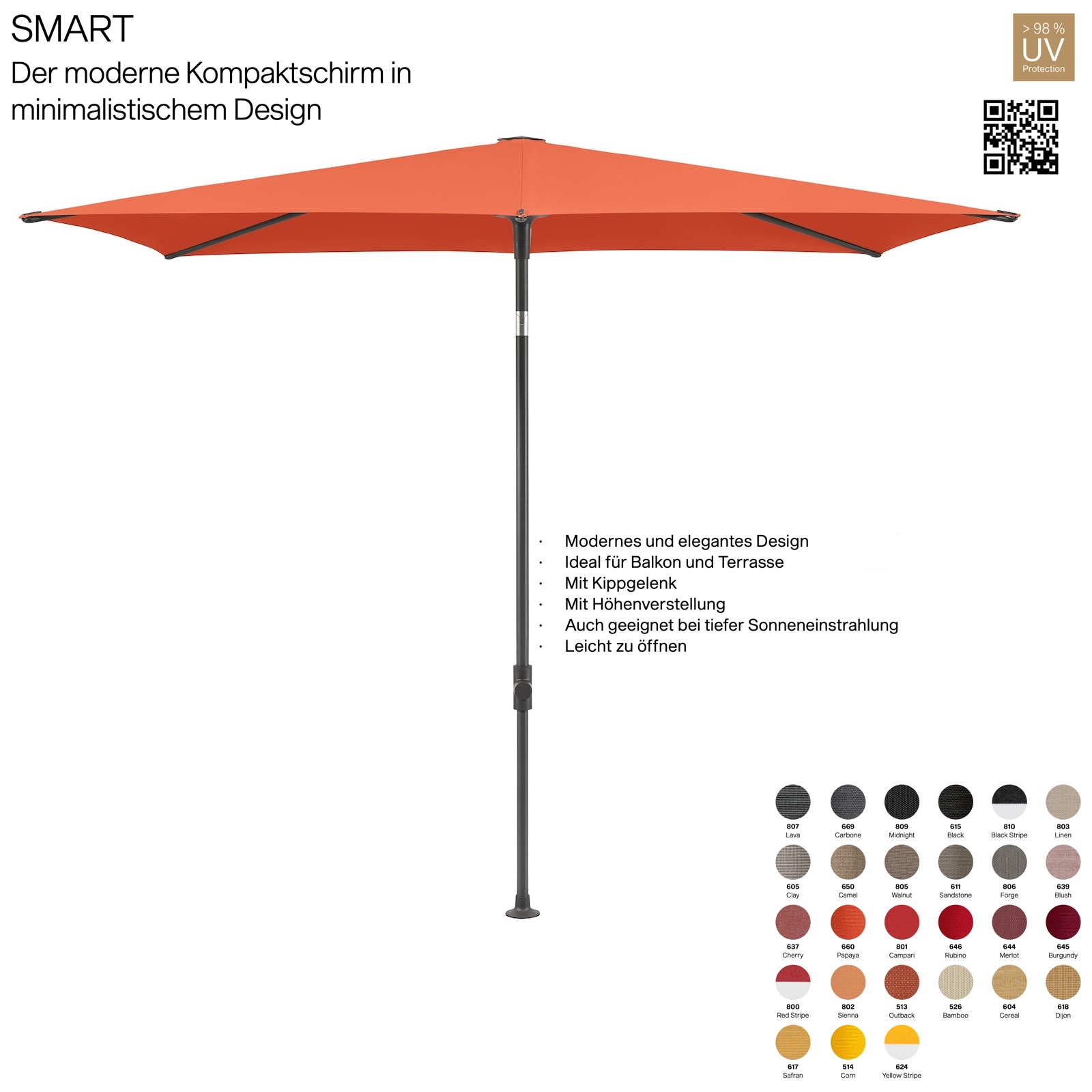 GLATZ Sonnenschirm SMART 250 x 200 cm Gestell anthrazit Stoff 100 % Polyacryl verschiedene Farben