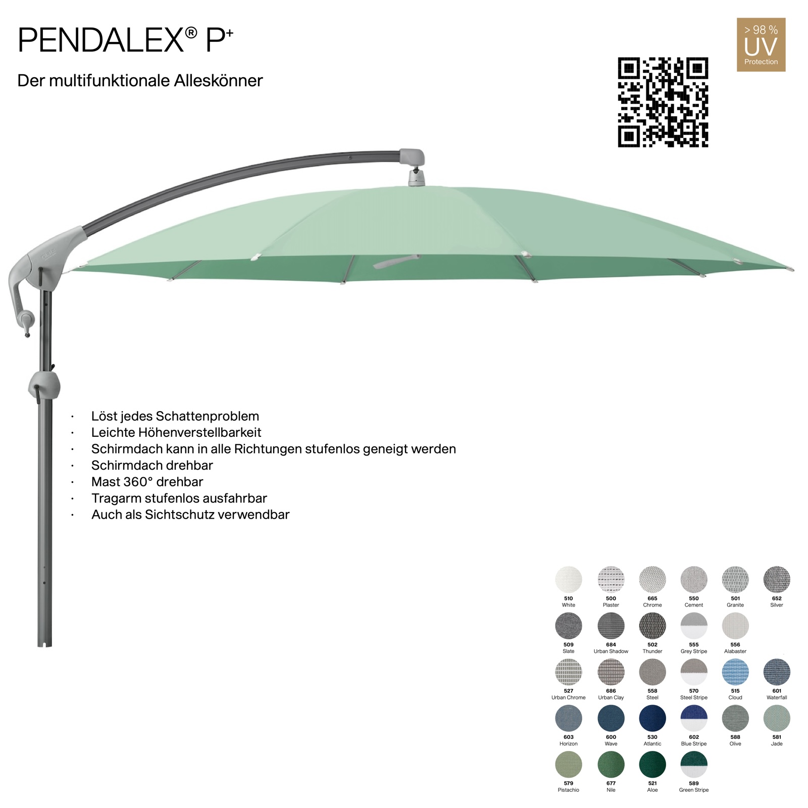GLATZ Sonnenschirm PENDALEX® P+ rund ø 325 cm Stoffklasse 5 in 27 Farben wählbar Seitenmast