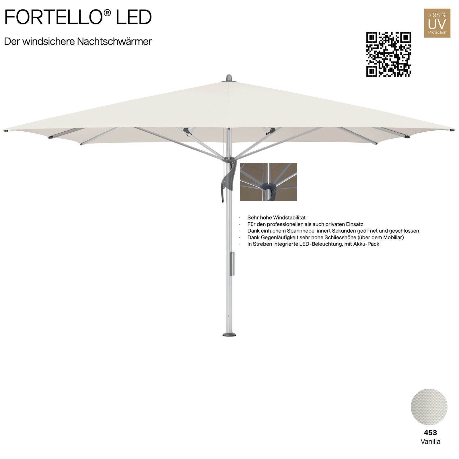 GLATZ Sonnenschirm FORTELLO® quadratisch 300 x 300 cm Farbe 453 Vanilla Mittelmastschirm inkl. Akku-Pack