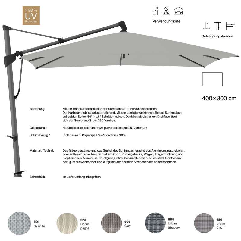 GLATZ Ampelschirm SOMBRANO® S+ rechteckig 400 x 300 in 5 Farben Sonnenschirm Stoffklasse 5