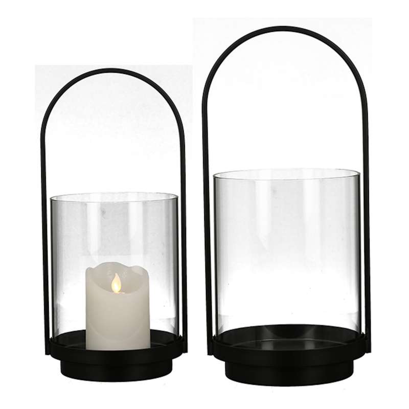 Casablanca 2er-Set Windlichte Lantern groß und klein Metall schwarz Glas Ø 19 und 16,5 cm