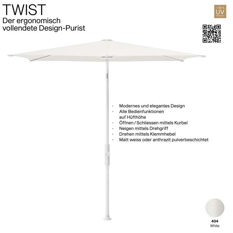 GLATZ Sonnenschirm TWIST 250 x 200 cm Gestell matt weiss Stoff Farbe 404 White Mittelmastschirm