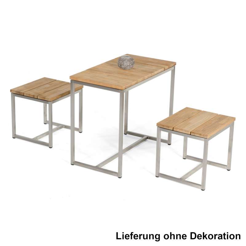 Sonnenpartner 3-teilige Sitzgruppe Skyline Teakholz und Edelstahl Gartentisch Gartenbank