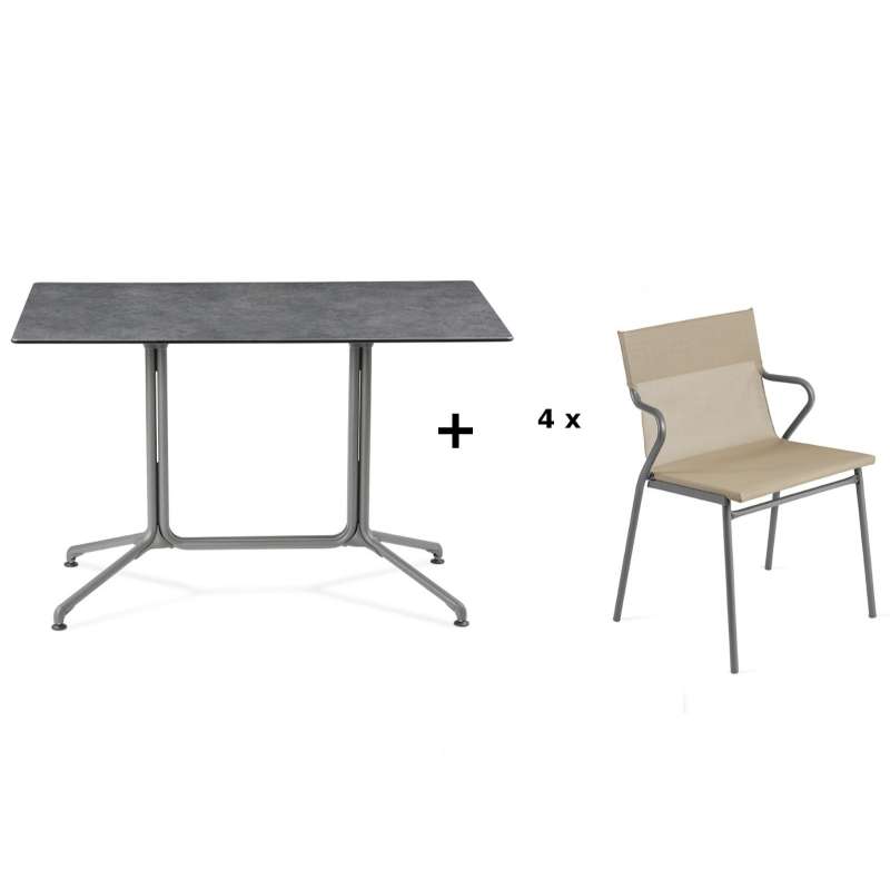 Lafuma Horizon Tisch-Set Loungetisch 115x70x74,5 cm Mineral 4 Stühle Noisette