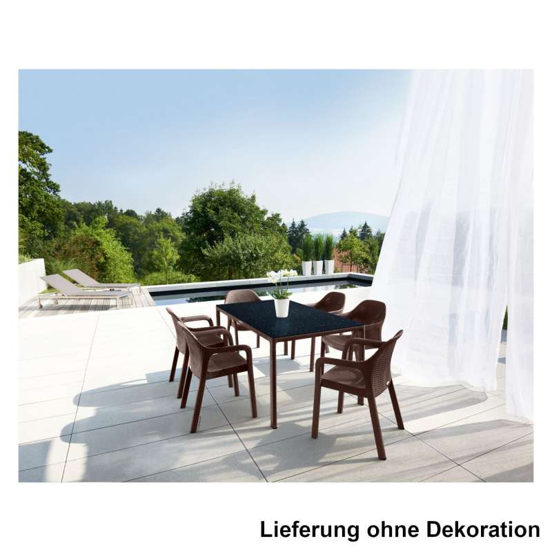 Lechuza 7-teilige Sitzgruppe Flechtstruktur mokka Gartentisch HPL 160x90 cm 6 Stapelstühle