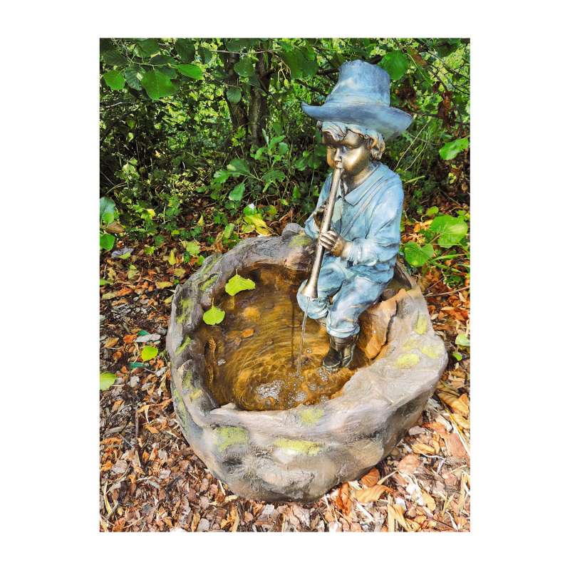 Granimex Flötenspieler Polystone Wasserspeier mit Dekobecken und Pumpe Wasserspiel