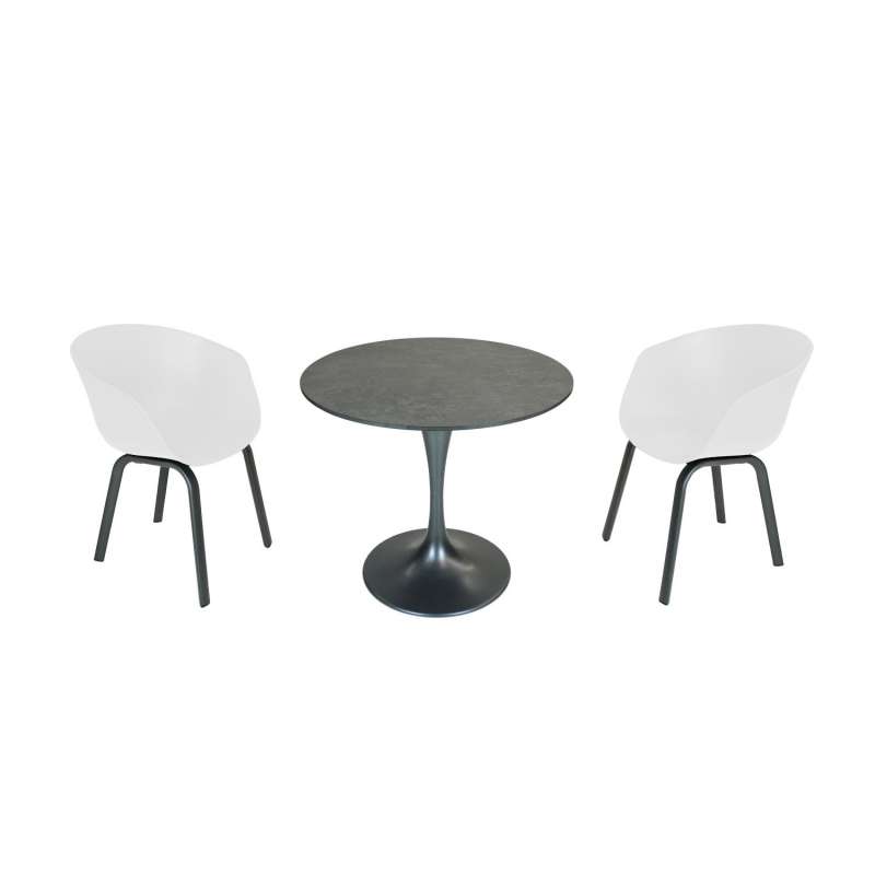SIT Mobilia 3-teilige Sitzgruppe Trompeta rund & Boca Aluminium eisengrau/weiß Tisch Ø 80 cm mit 2 S