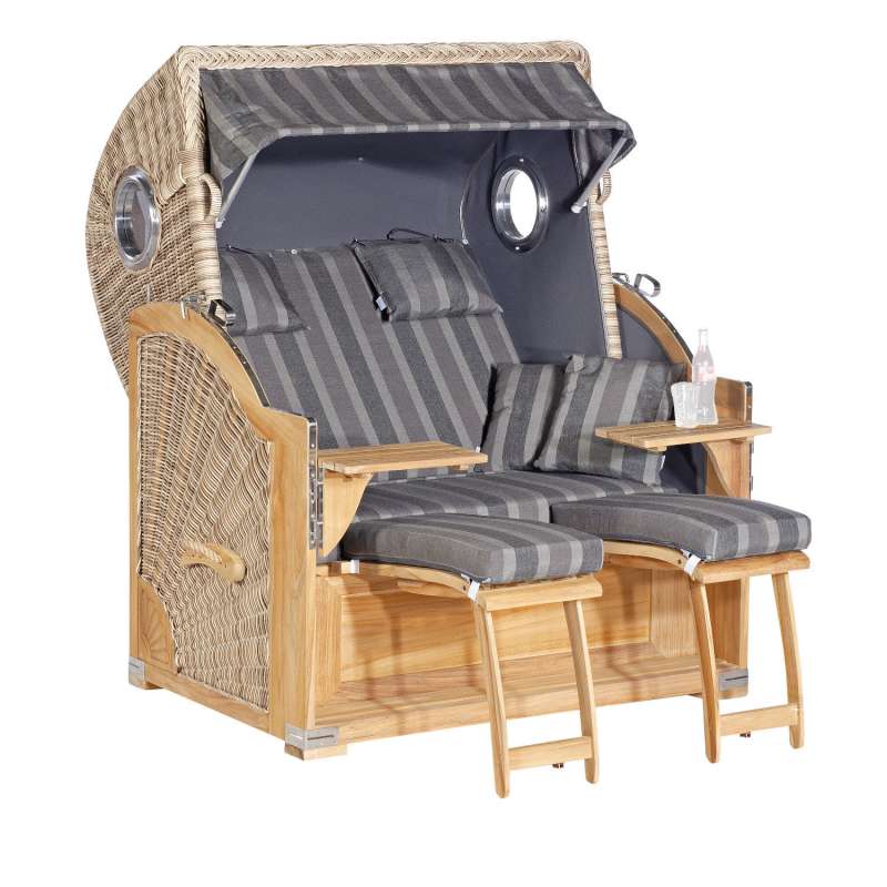 SunnySmart Garten-Strandkorb Rustikal 500 PLUS TEAK COMFORT 3/4-Liegemodell 2-Sitzer XL antikweiß/an