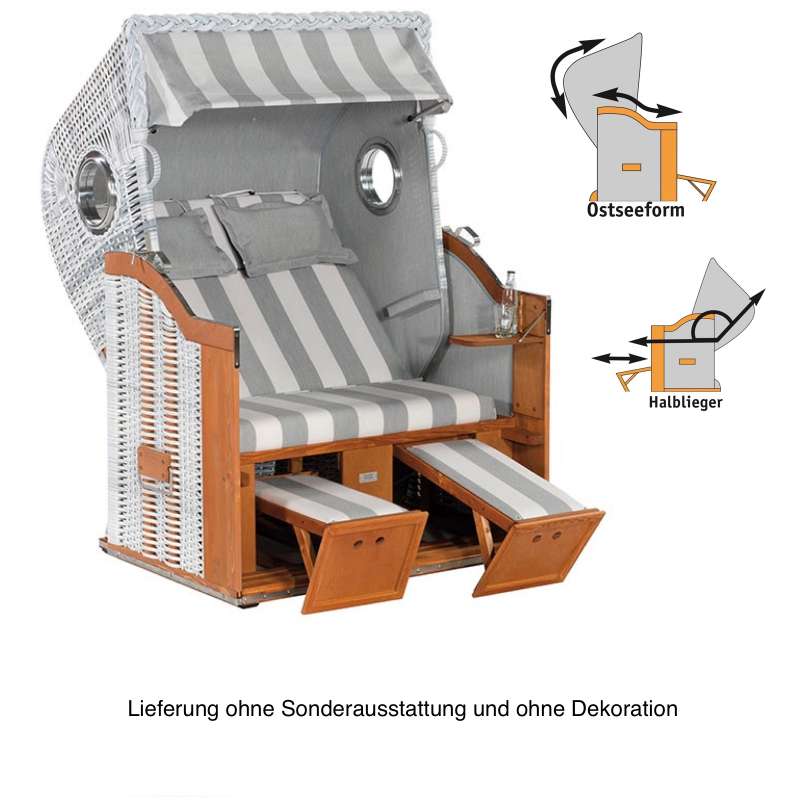 Sonnenpartner Strandkorb Classic 2-Sitzer Halbliegemodell weiß/hellgrau mit Bullaugen