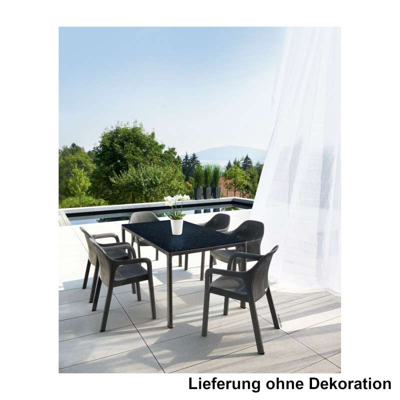 Lechuza 7-teilige Sitzgruppe Flechtstruktur granit Gartentisch HPL 160x90 cm 6 Stapelstühle