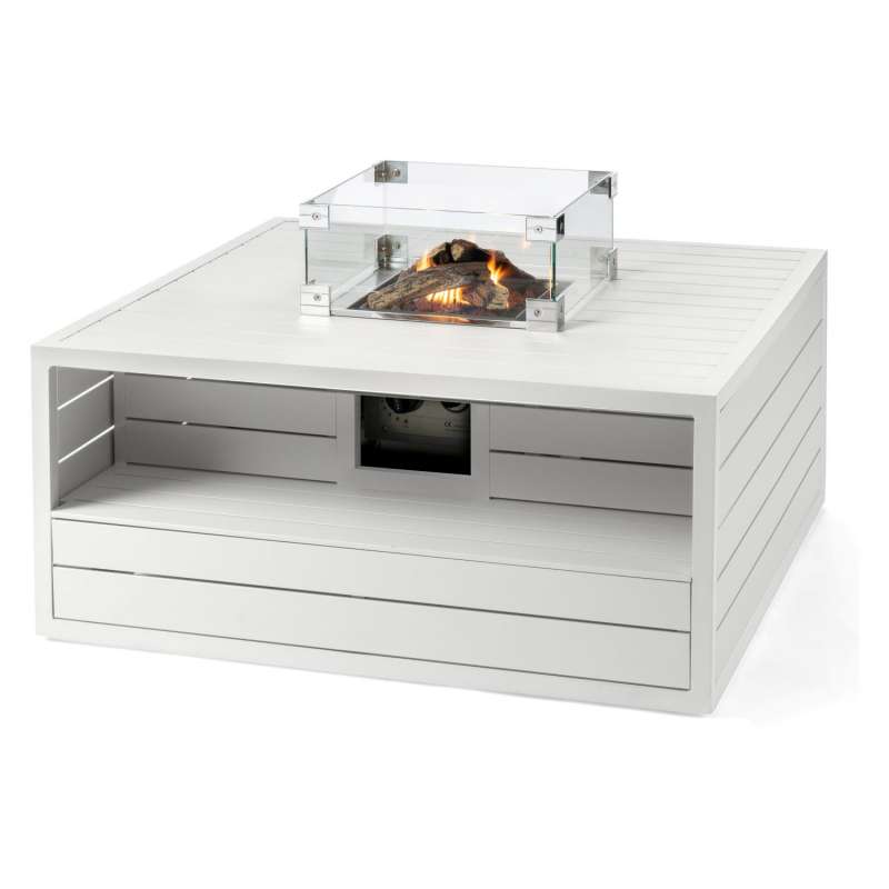 Happy Cocooning Mania Feuertisch Aluminium weiß 6,5 kW quadratisch 105x105x47 cm mit Glasschirm