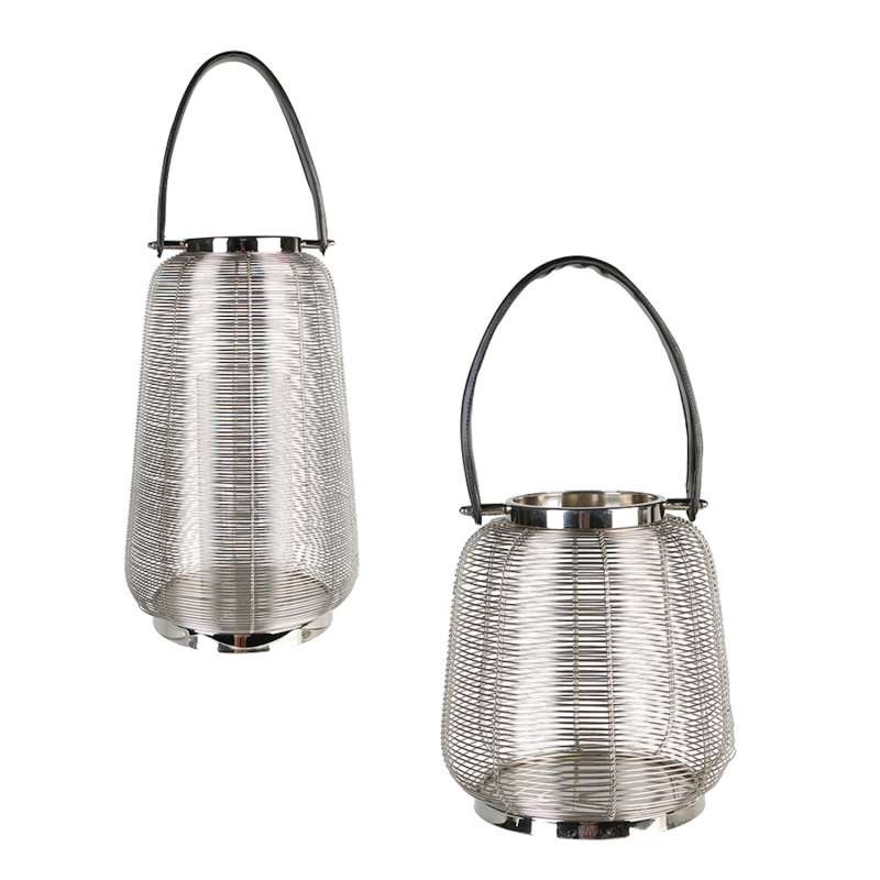 Casablanca 2er-Set Windlichte Cage groß und klein Edelstahl mit Lederhenkel Ø 26 und 23 cm