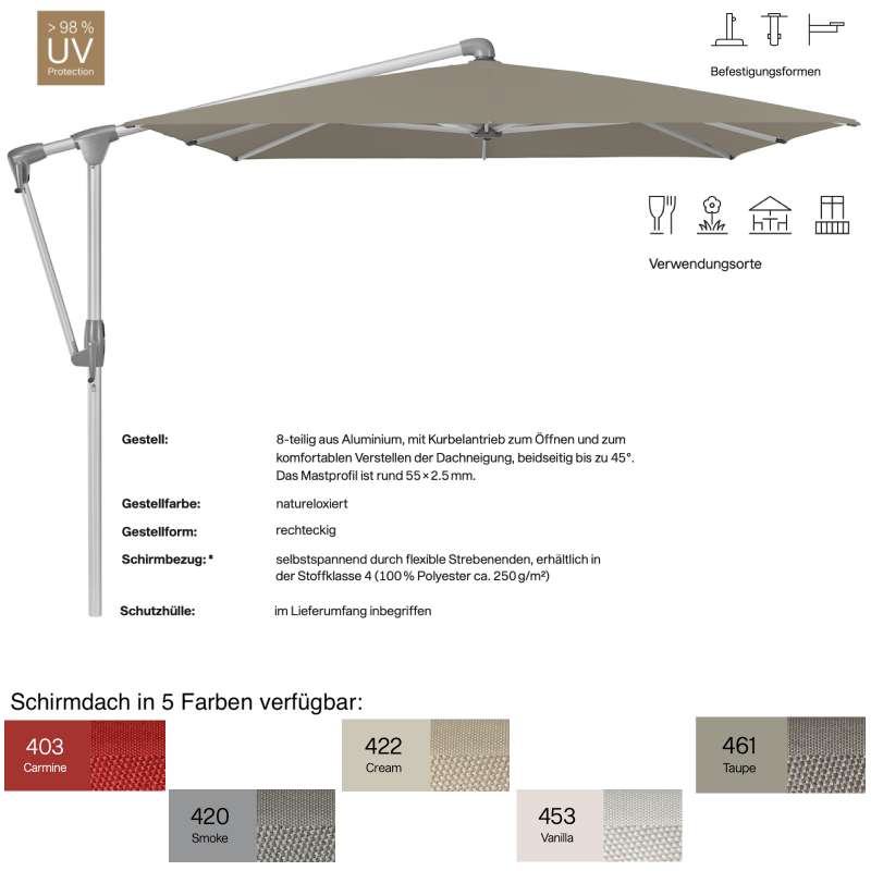 GLATZ Sonnenschirm SUNWING® CASA rechteckig 300 x 240 cm 5 Farben Ampelschirm Stoffklasse 4